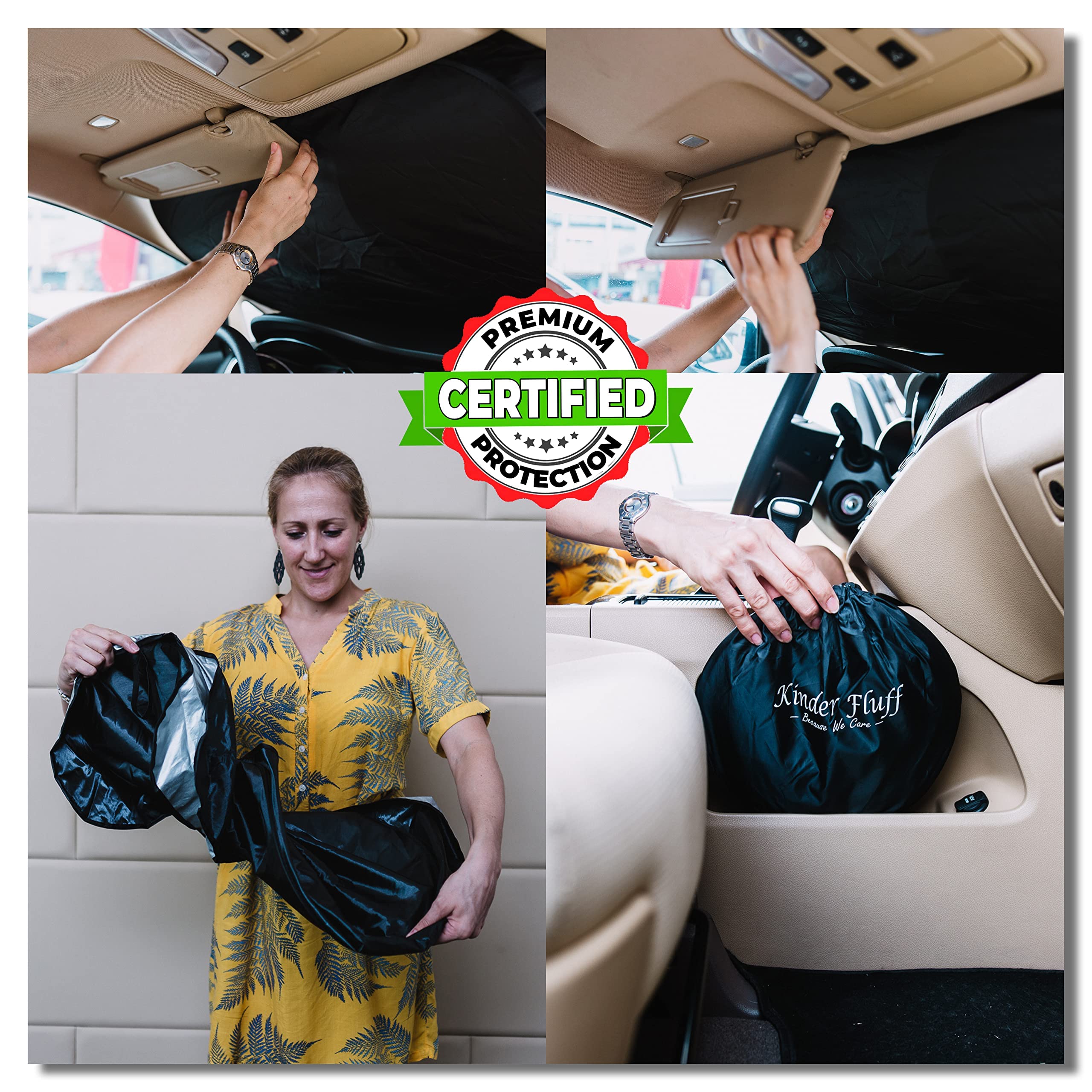 Kinder Fluff Windshield Sun Shade - The Only Certified Car Window Shades Blocking 99.9% Uvr-210T Automotive Window Sunshades As