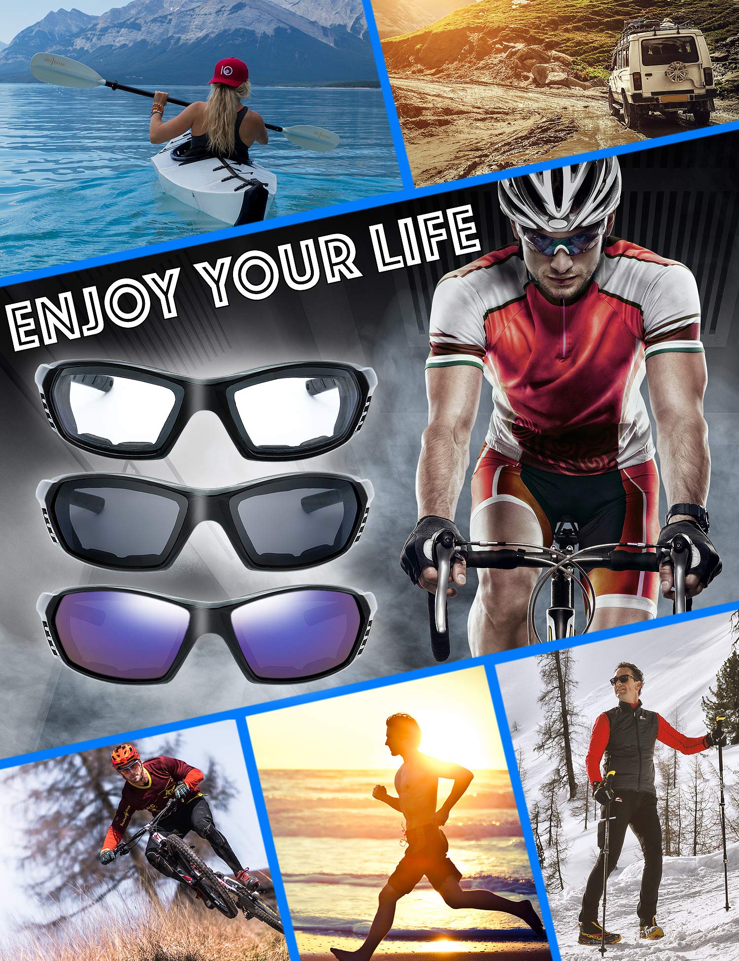 The Fresh Motorcycle Riding Glasses Padded Frame Lens Block 100% Uvb For Outdoor Activity Sport (24-Black, Clear, Grey, & Blue M