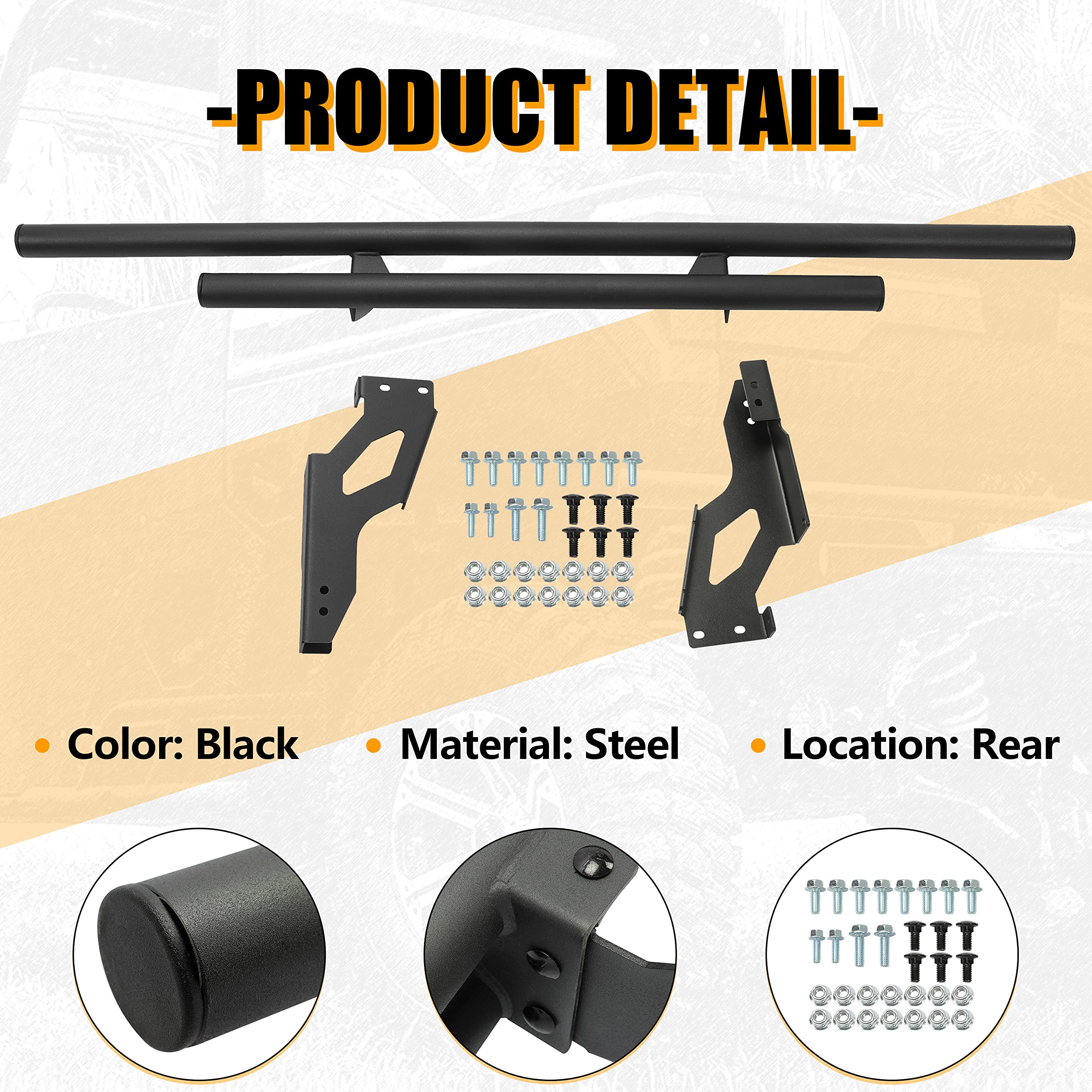 KUAFU Rear Bumper Guard for 2018-2025 Polaris Ranger 1000 XP, Alloy Steel, Black, Large, Model BL1172