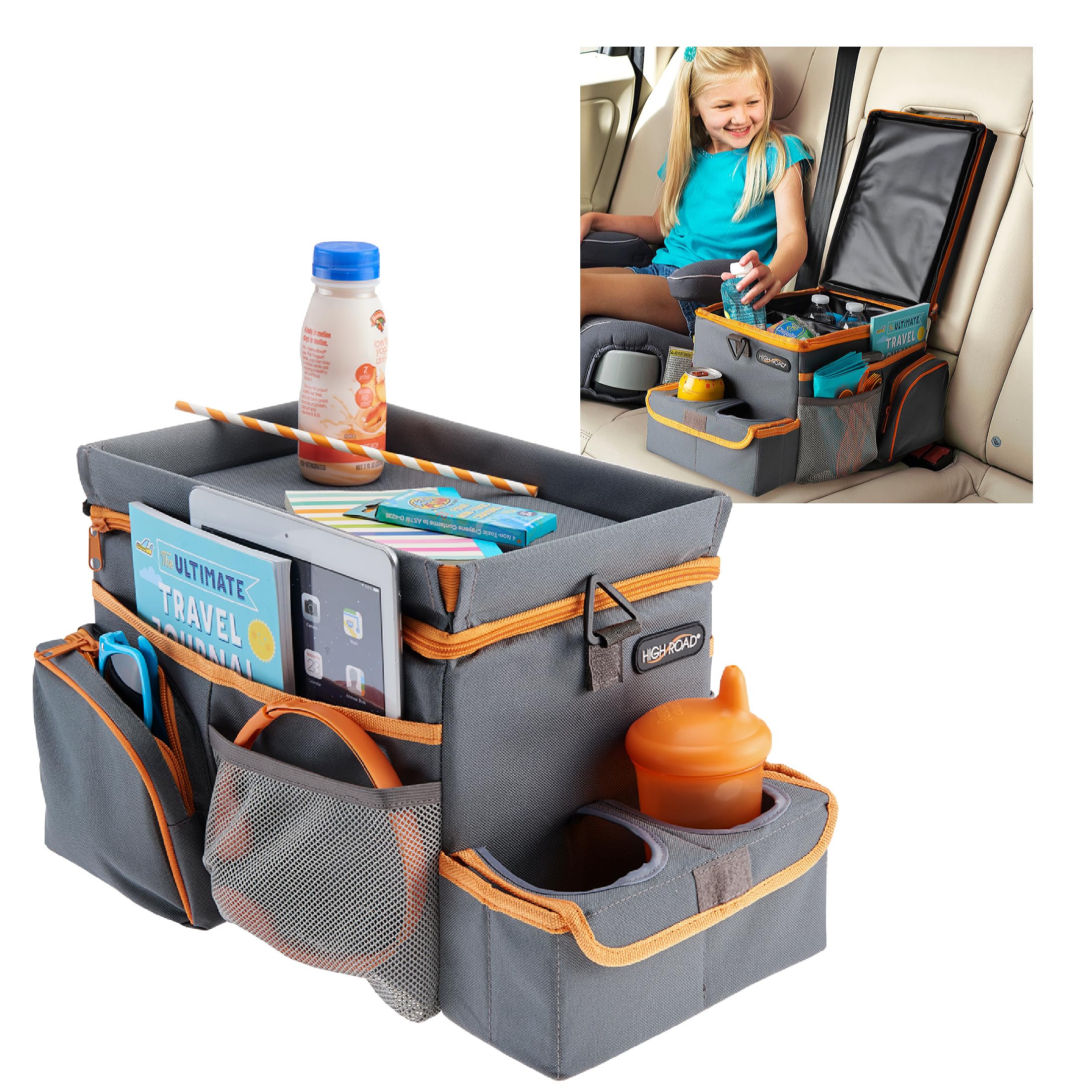 High Road CarHop Car Seat Organizer for the Front or Back Seat for Kids and Adults with Cup Holder Tray, Side Pockets and Car Co