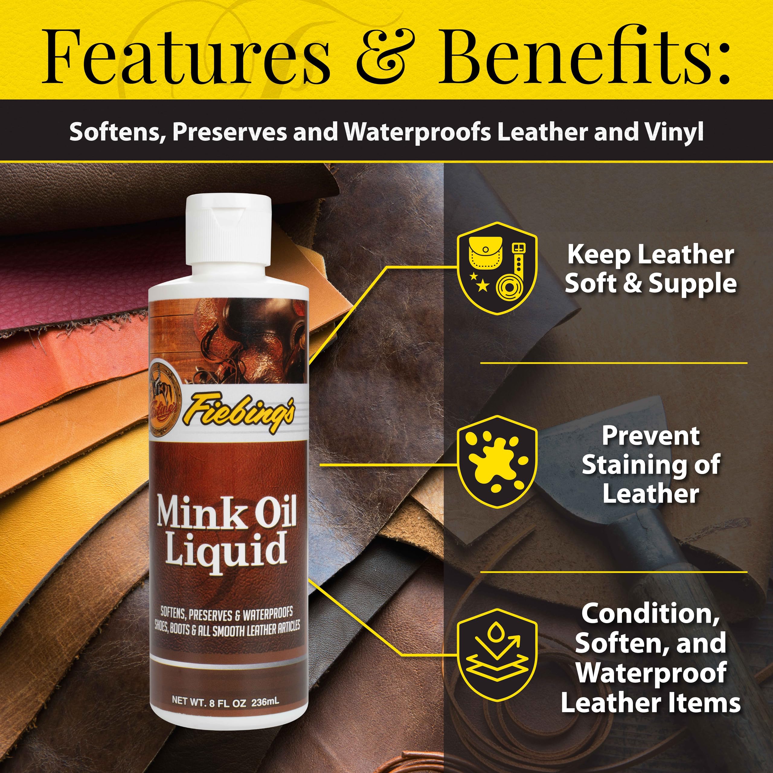 Fiebing's Liquid Mink Oil - Leather Cleaner & Conditioner - 8 oz - Waterproof, Prevents Salt Stains for Smooth Leather & Vinyl