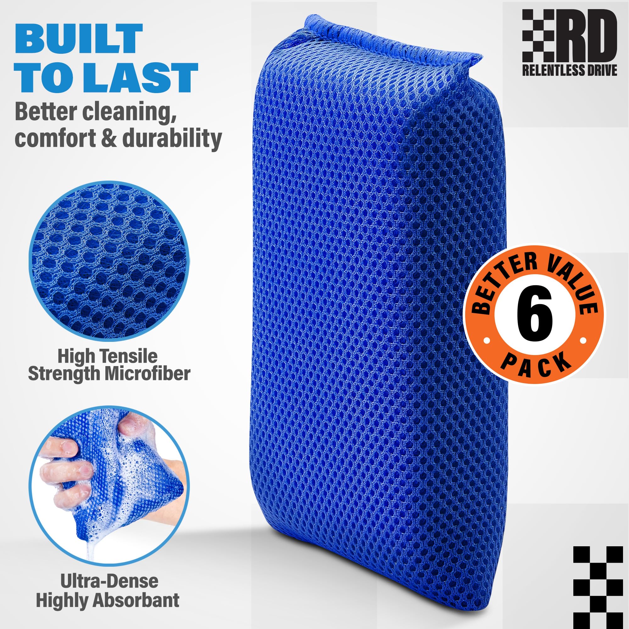 Relentless Drive Microfiber Bug Sponge (6 Pack) - Large Car Sponge For Car Washing, Ultra Soft Mesh Sponges, Scratch-Free For Ca