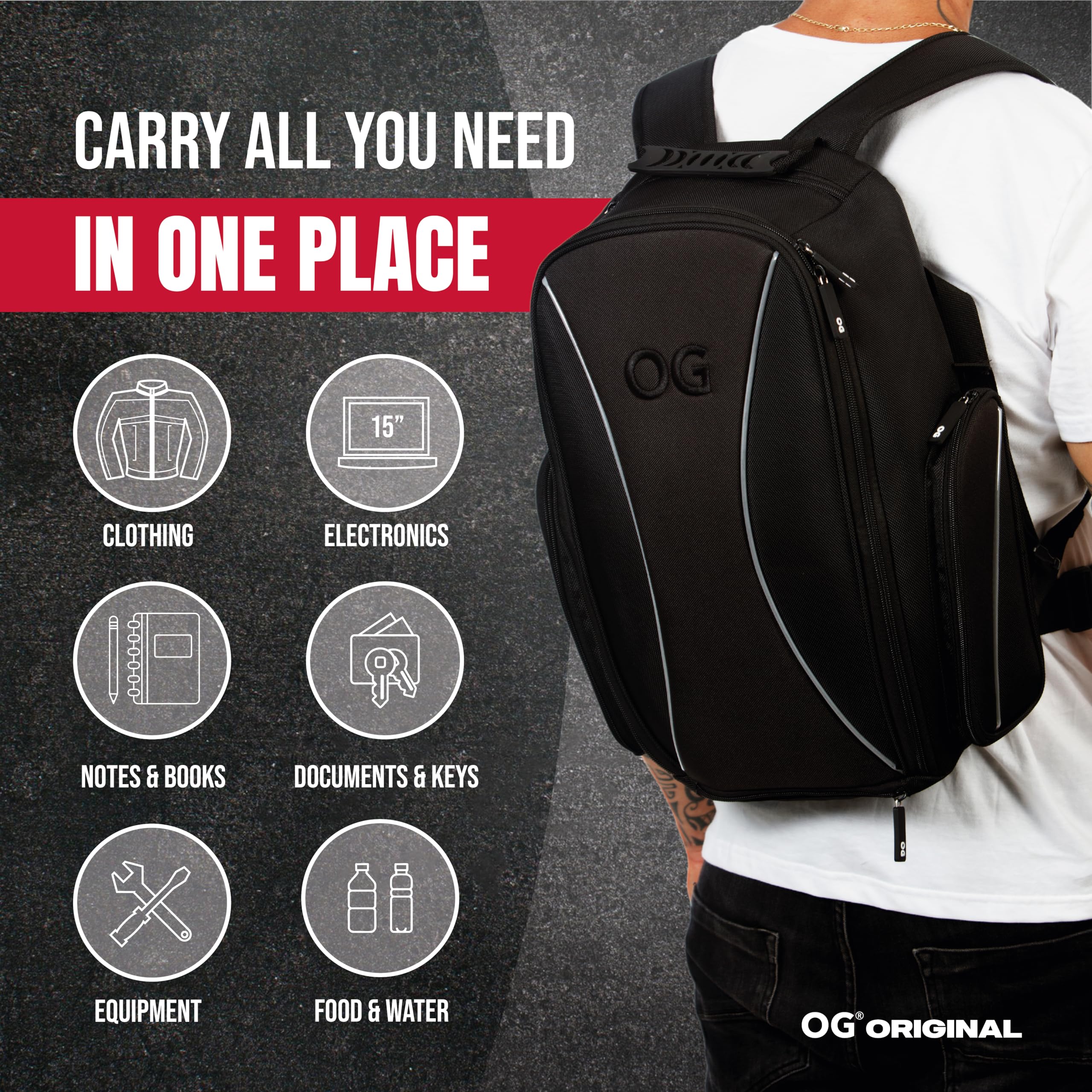 OG Original Motorcycle Backpack GO Black Waterproof, 20L, Motorbike Helmet Strap, Helmet Bag, Cycling Bag, Man, Laptop, Reflecti