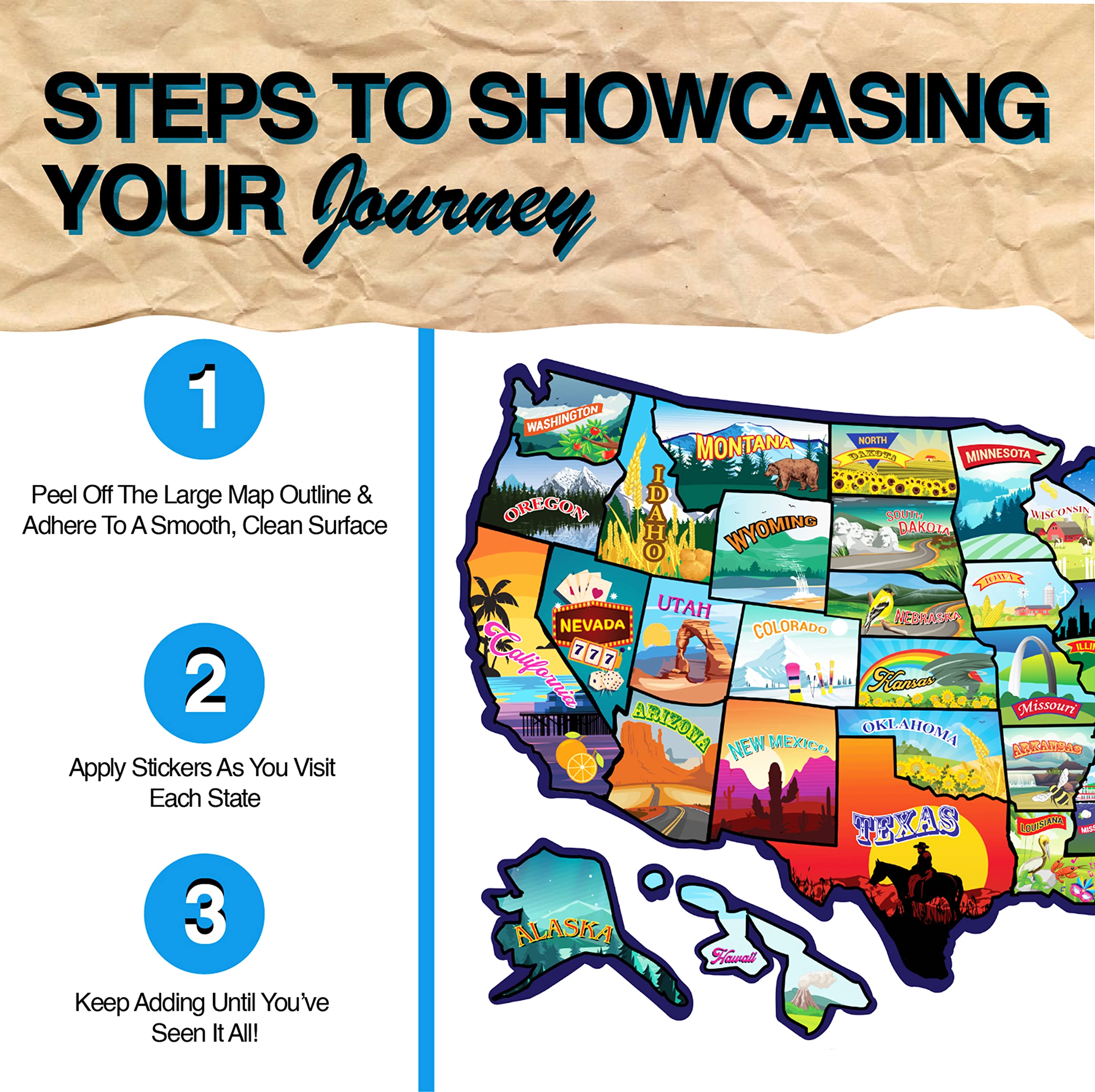RV State Sticker Travel Map - 17 x 11 inch Large USA Decal with 50 Waterproof USA Stickers - Non-Fade Door, Window, Wall RV Decals - Fun Visited Map for Camper, Motorhome, Trailer (Vivid)
