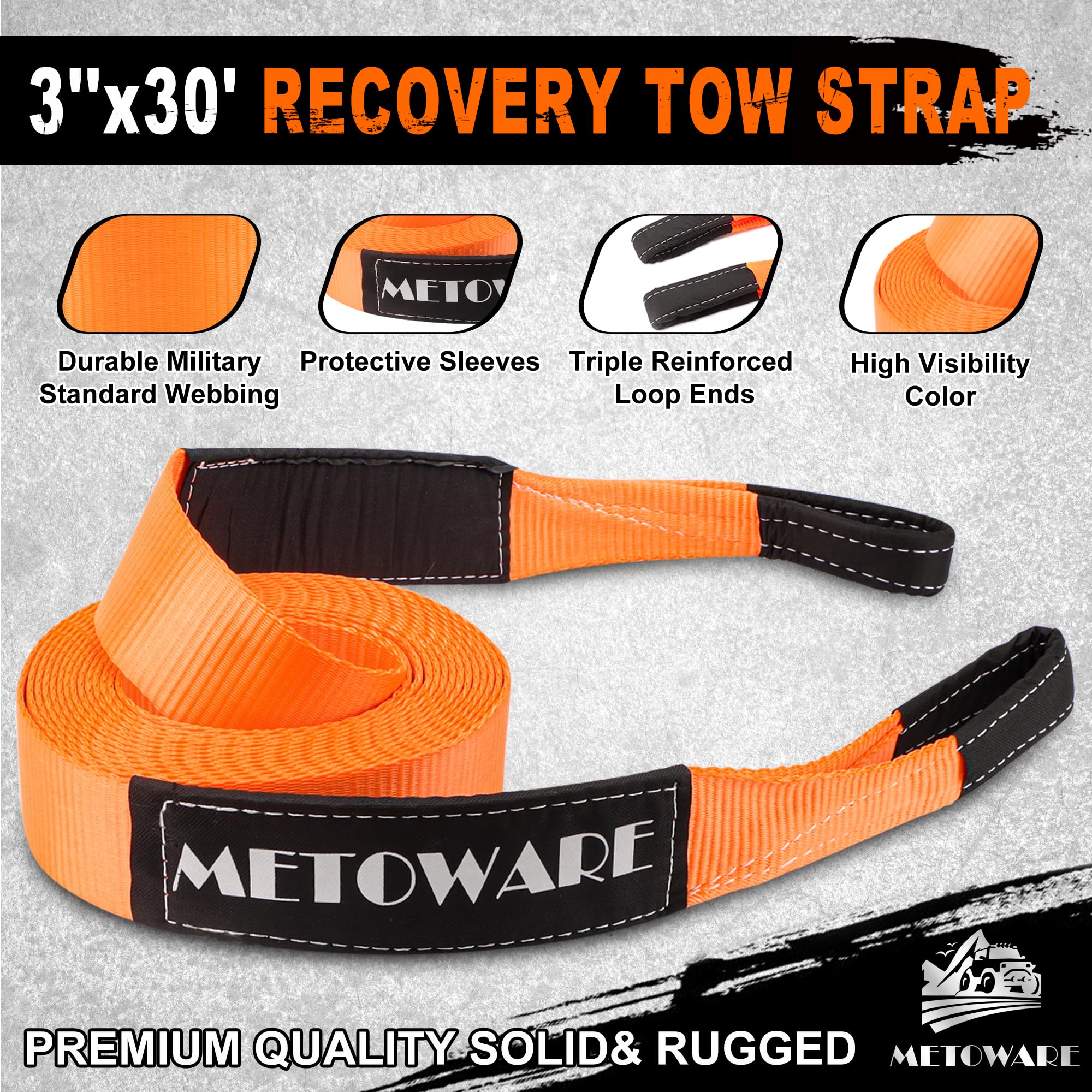 Metoware Heavy Duty Tow Strap Recovery Kit - 3'' X 30Ft(35,000Lbs) Tree Saver Winch Strap + 3/4'' D Ring Shackles(2Pcs) + Storag