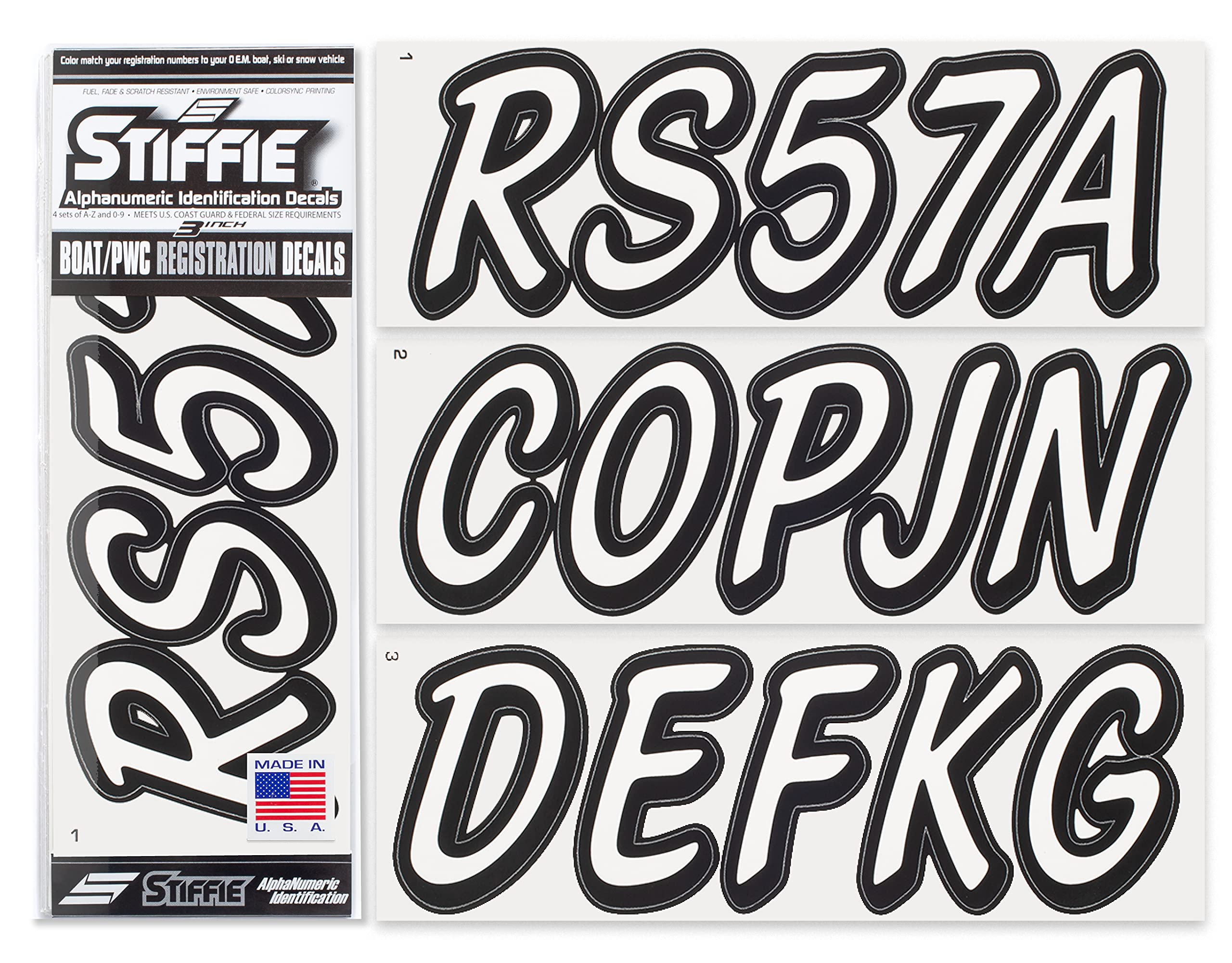 Whipline Solid White/Black 3'' Alpha-Numeric Registration Identification Numbers Stickers Decals for Boats & Personal Watercraft