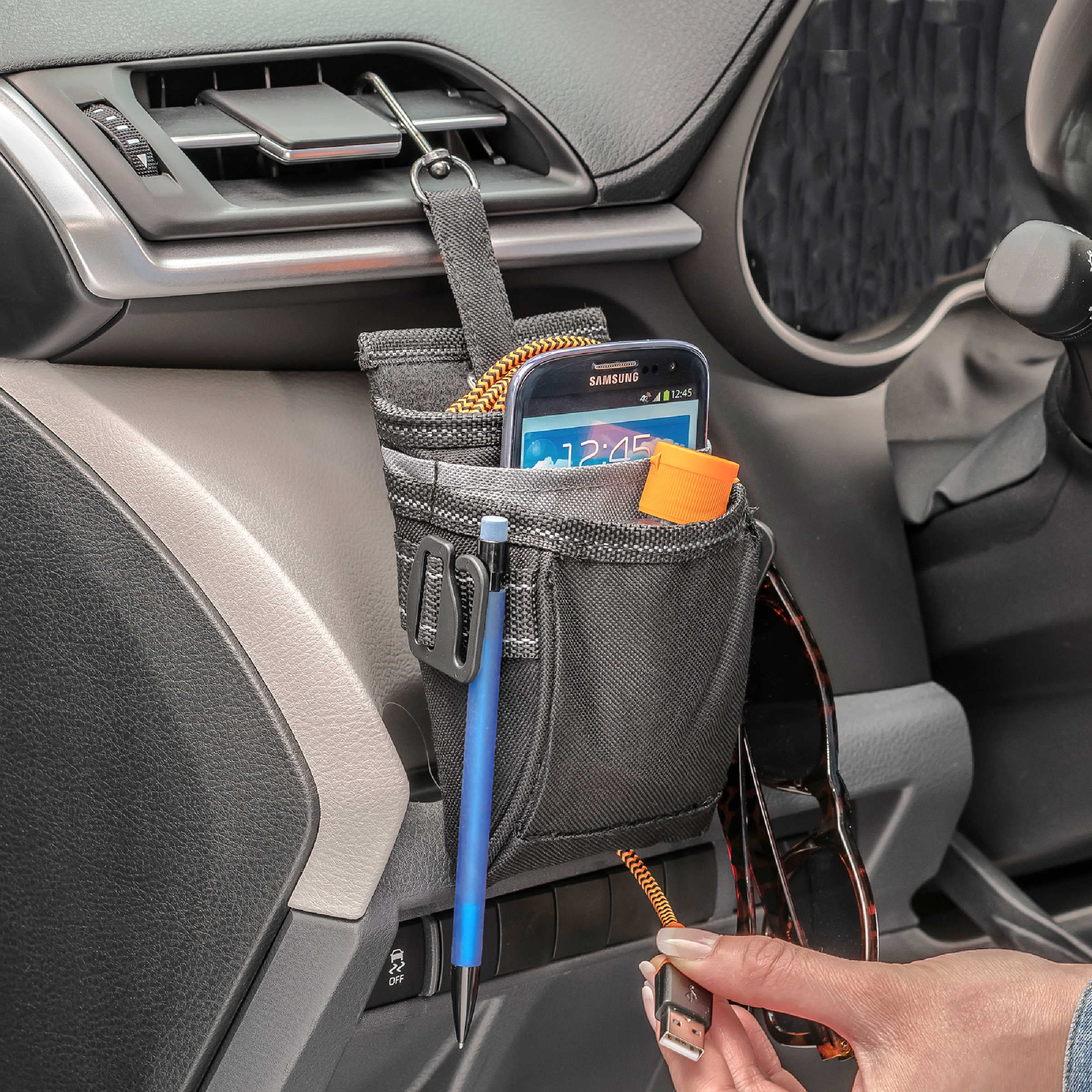 High Road Car Phone Holder Air Vent Pouch Organizer, 3 Pockets, Charging Port, Black, Model HR-5555-BLK