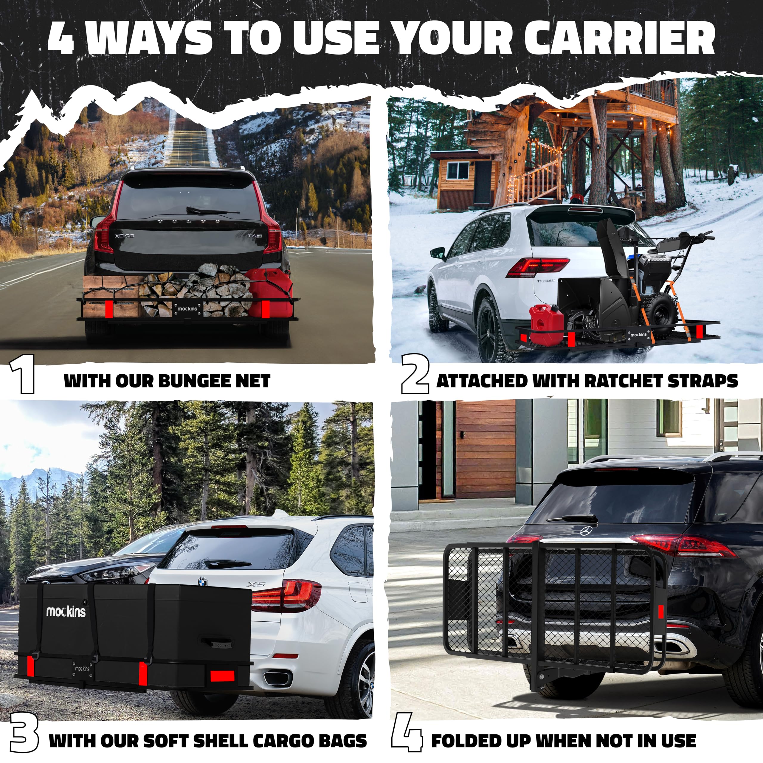 Mockins 60''x20''x6'' Folding Trailer Hitch Cargo Carrier Weatherproof | 500 Lbs Cap Luggage Rack for SUV, Cars & Trucks| Univer