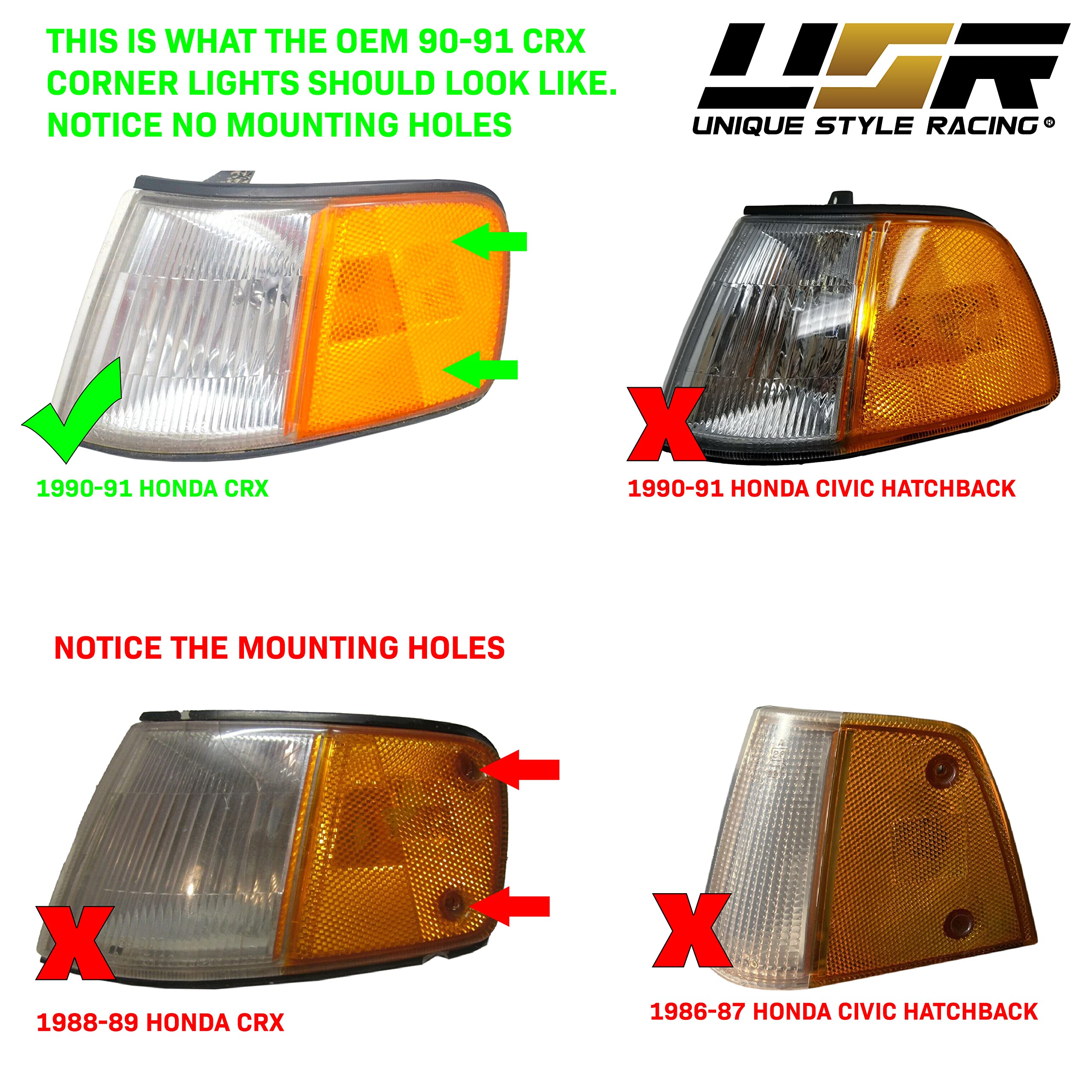 USR UNIQUE STYLE RACING Front Corner Lights Set for 1990-1991 Honda CR-X - All Clear Lens, Left + Right Turn Signal Lamps