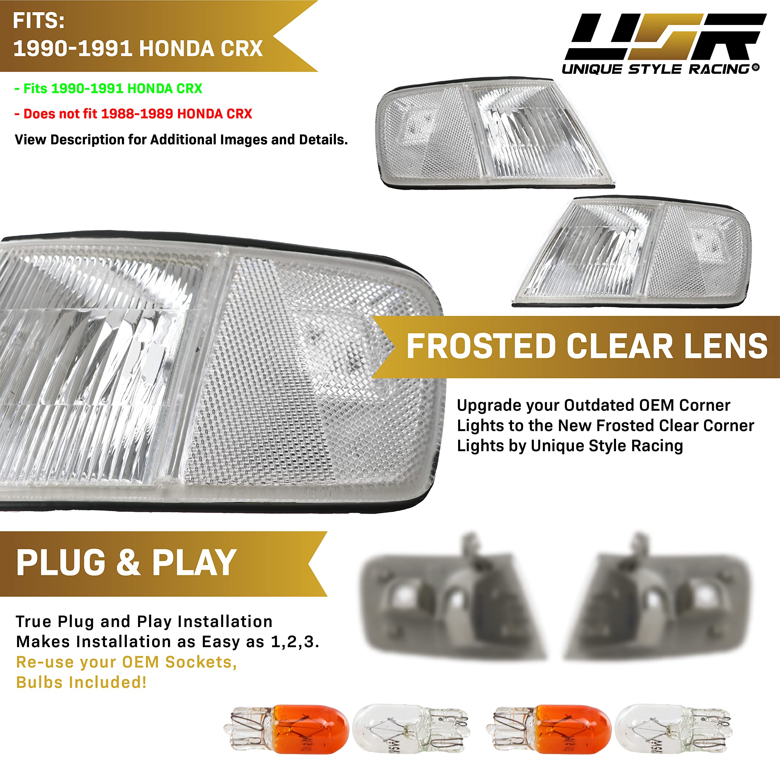 USR UNIQUE STYLE RACING Front Corner Lights Set for 1990-1991 Honda CR-X - All Clear Lens, Left + Right Turn Signal Lamps