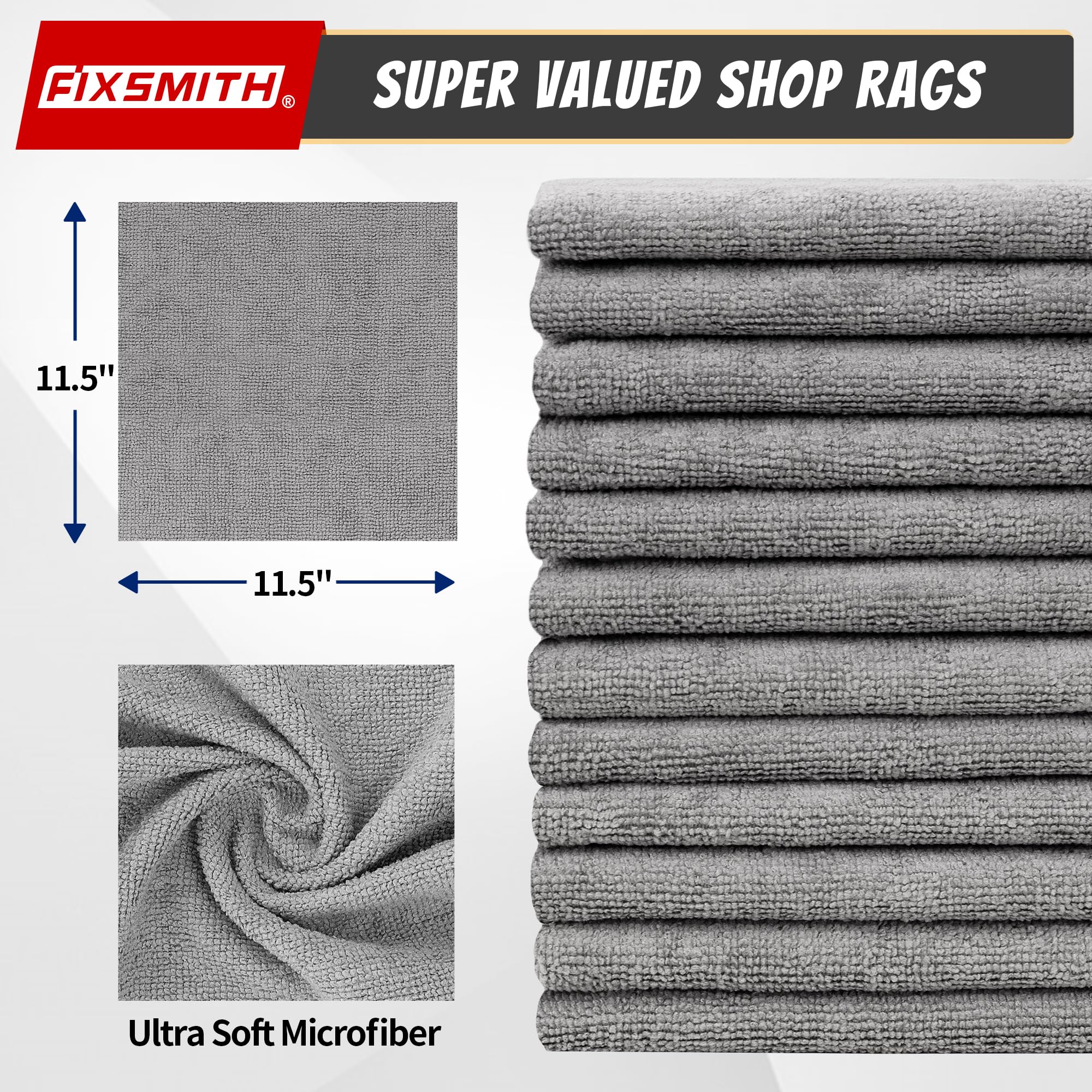 FIXSMITH Shop Towels, Pack of 50, Grey Microfiber Cleaning Cloth Bulk, Microfiber Towels for Cars, All-Purpose Absorbent Cleanin