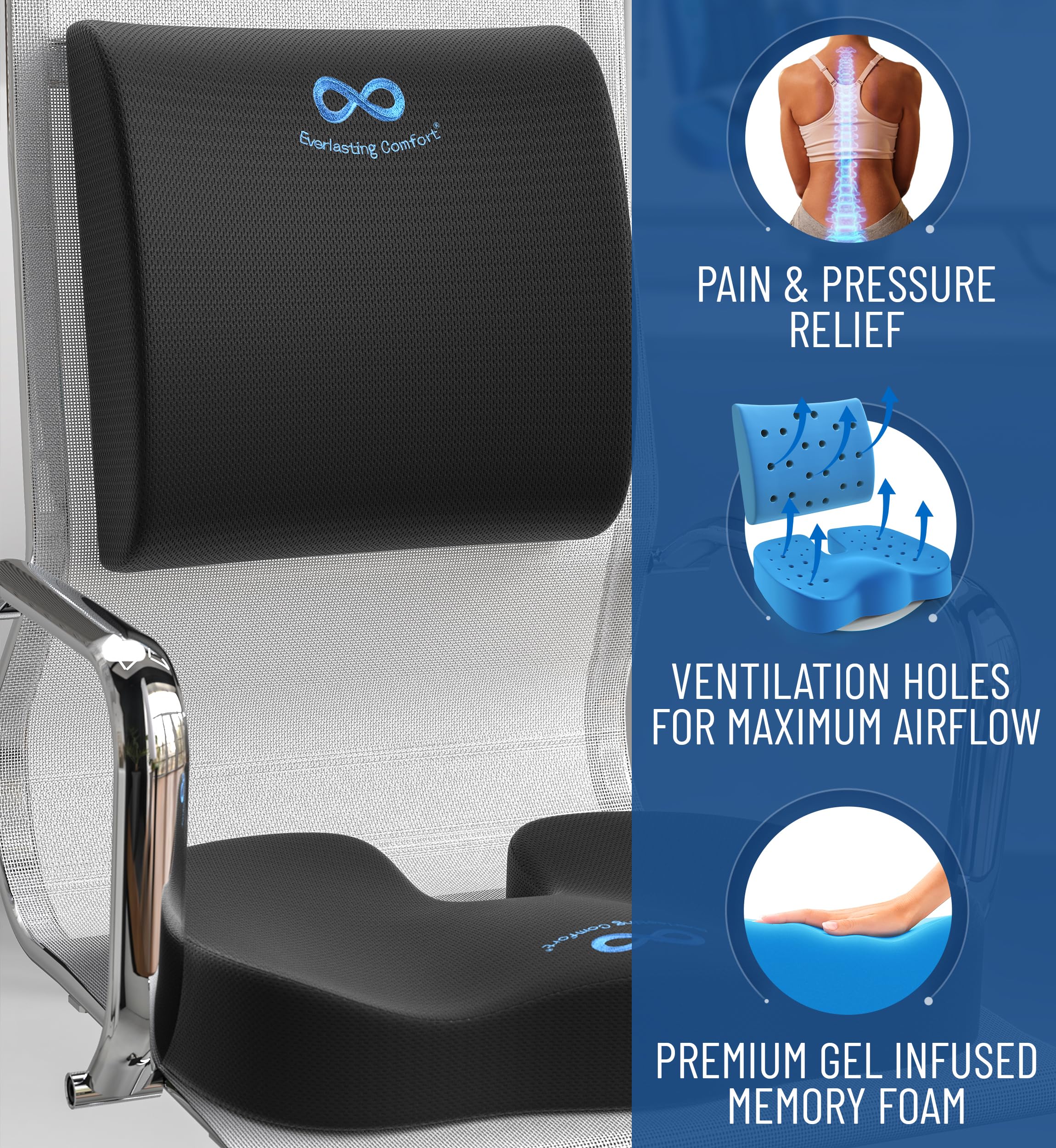 Everlasting Comfort Lumbar Support & Office Chair Cushion Combo - Gel Memory Foam Chair Cushions For Desk, Car Seat, Travel - Ba