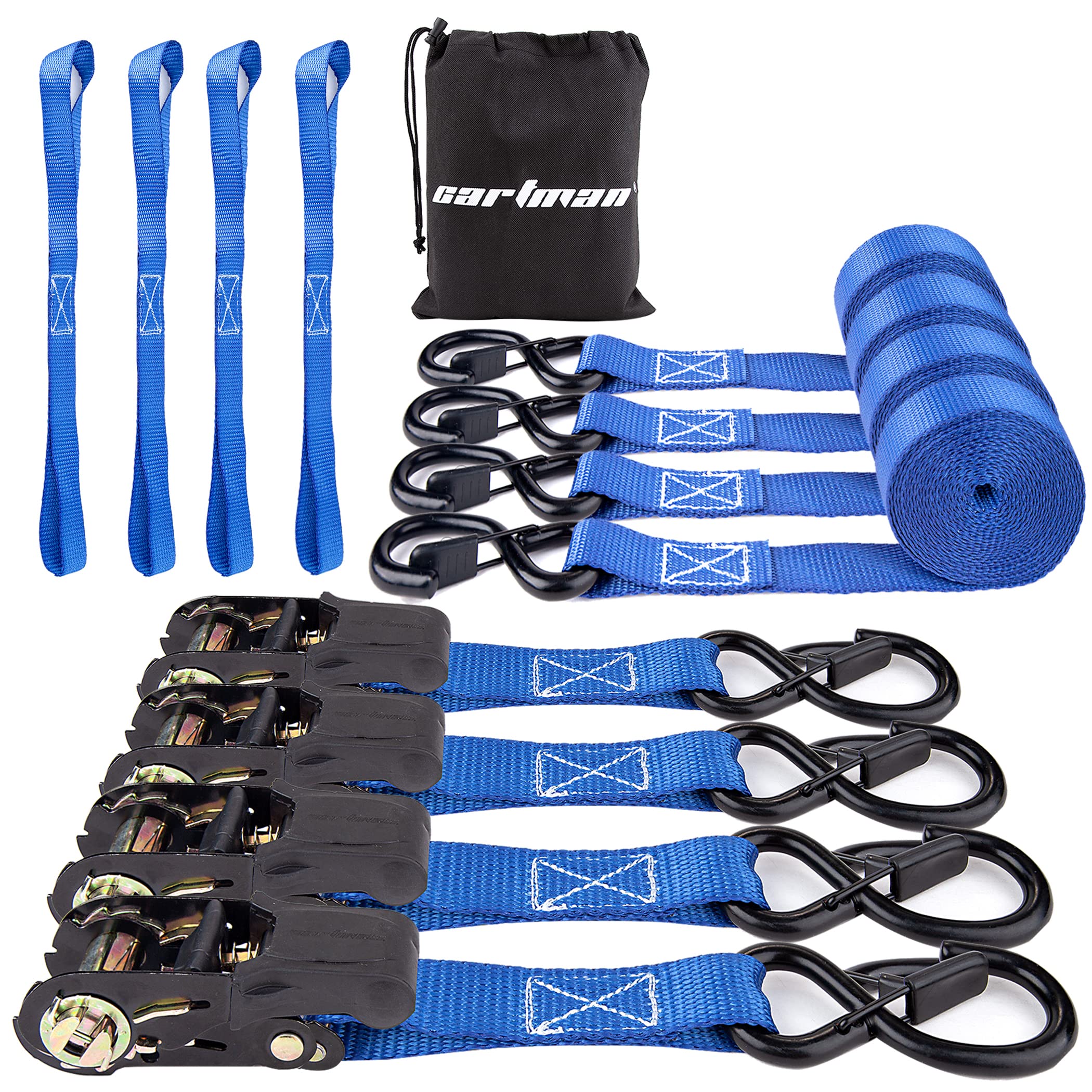 Cartman Ratchet Tie Down Straps 4Pk 2,000Lb Max Break Strength With Premium 1'' X 15' Rachet Tie Downs With Padded Handles, 4Pk