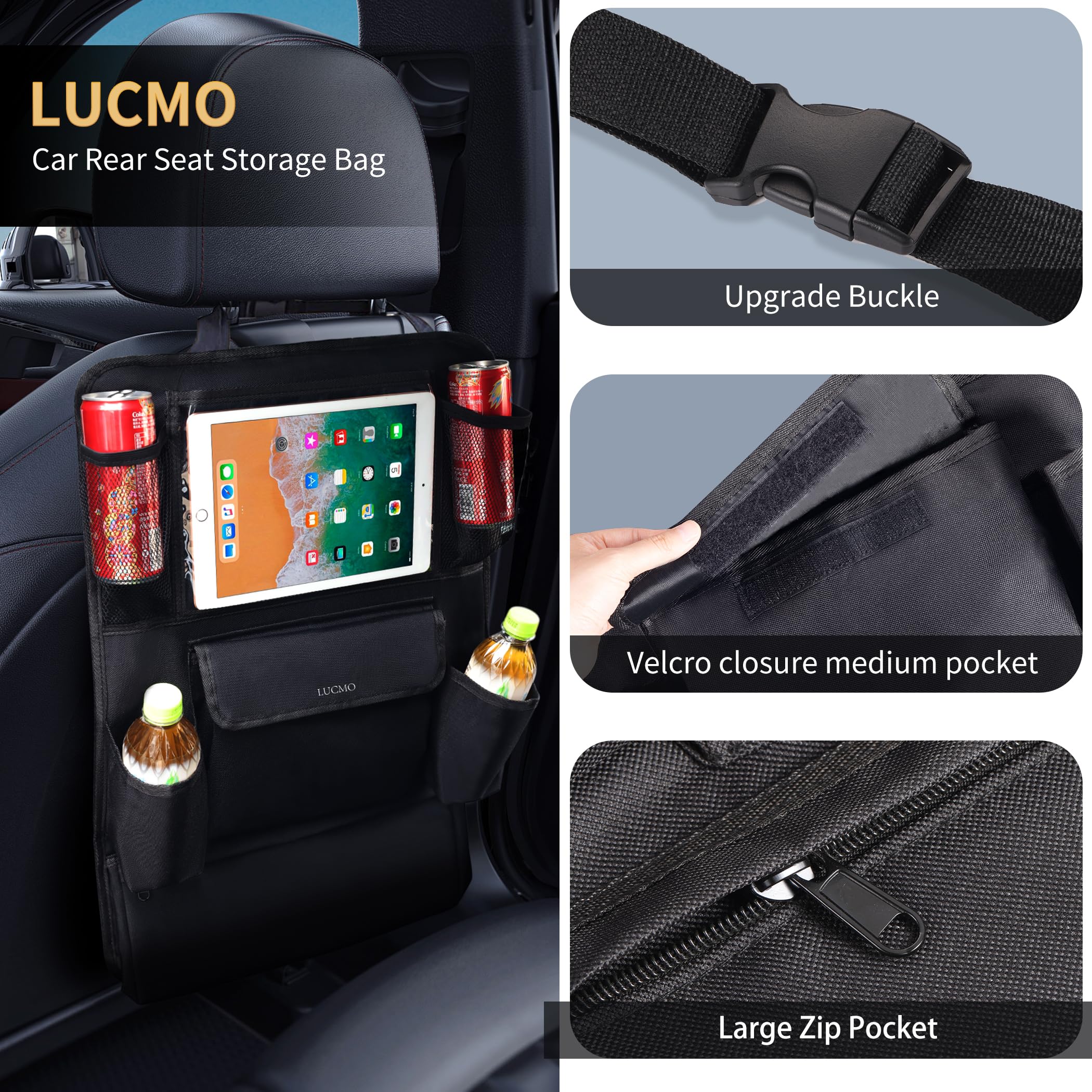 LUCMO Car Backseat Organizer with Touch Screen Holder, 9 Pockets, Black, Polyester, Model 12LCO, Travel Accessory for Kids