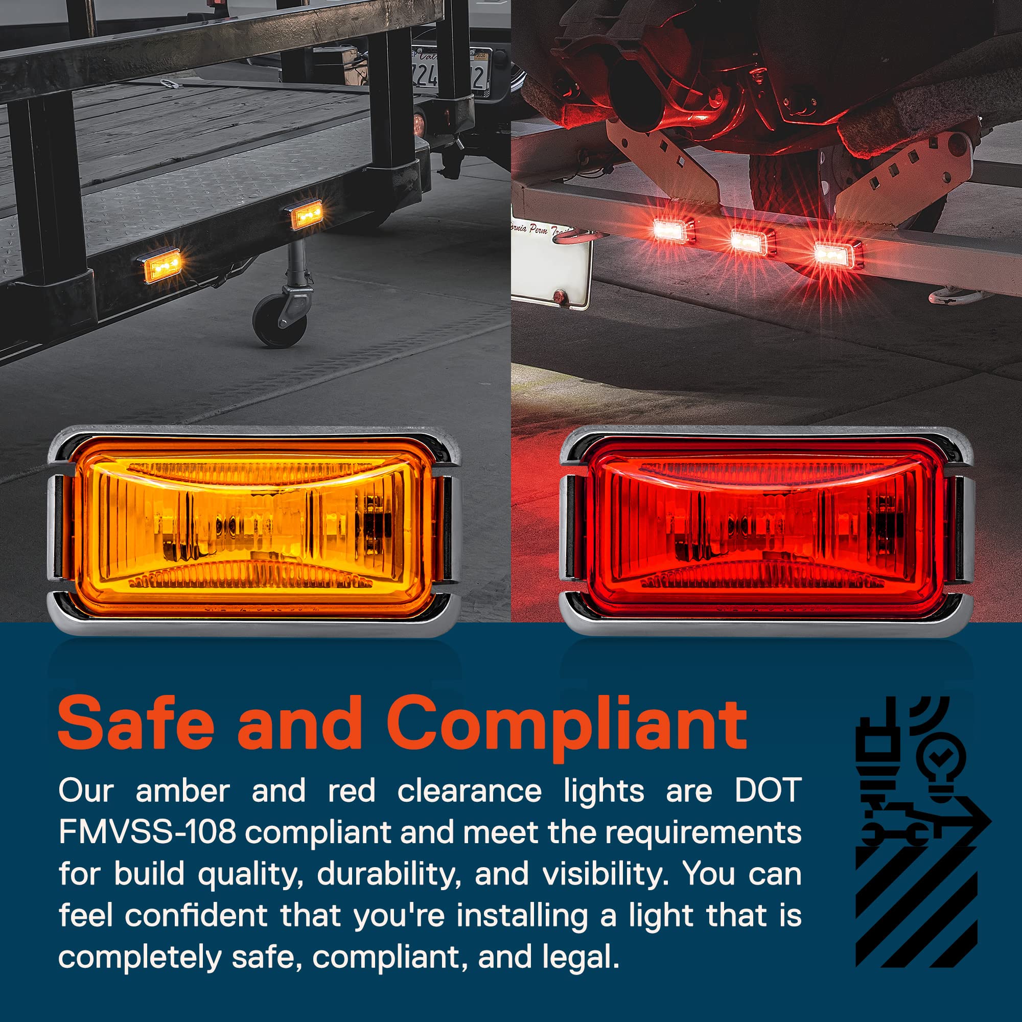 True Mods 12Pc 2.5'' Amber + Red Led Trailer Marker Light W/Chrome Bezel [Dot Fmvss 108] [Sae P2Pc] [Surface Mount] [Waterproof