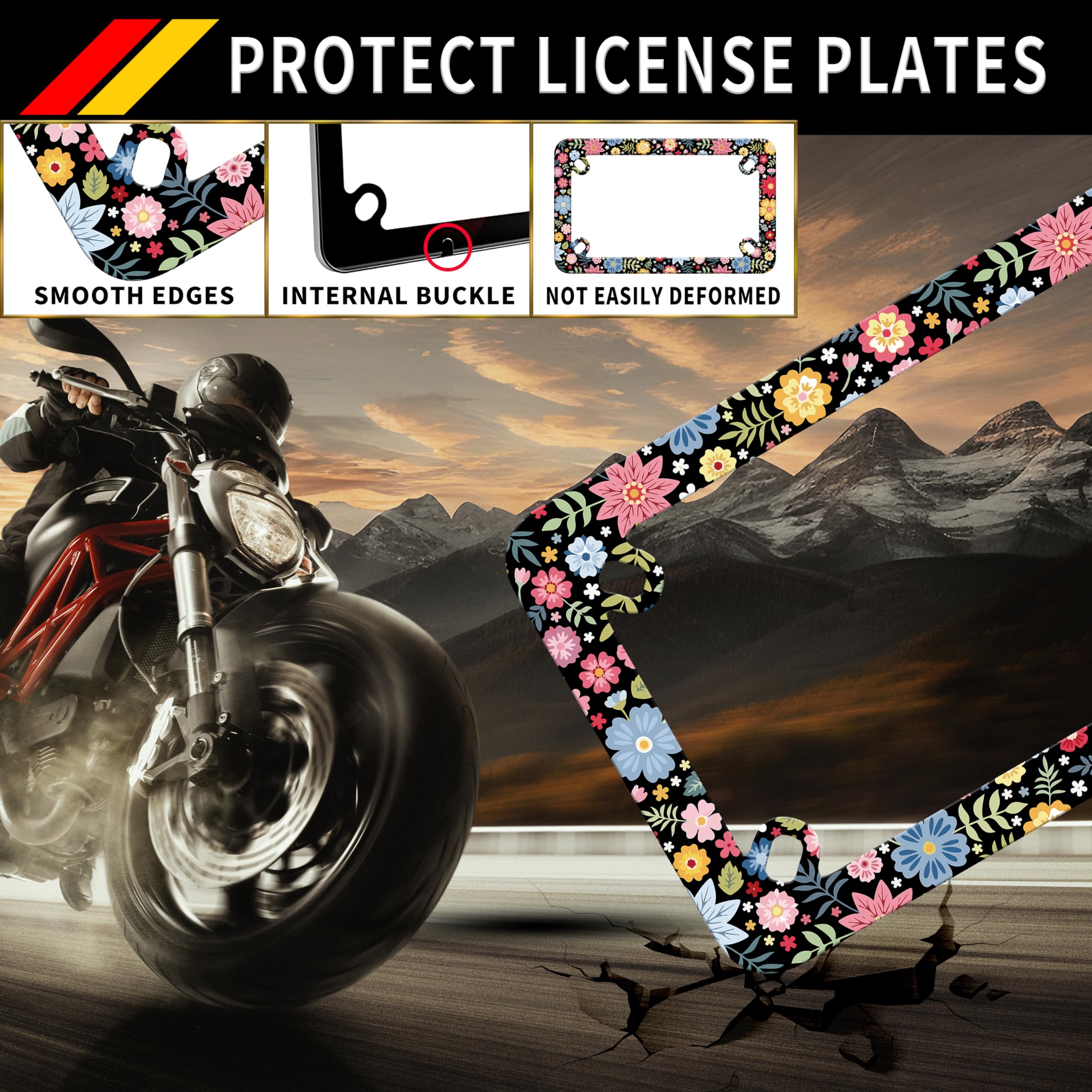 Motorcycle Folk Art Flowers License Plate Frame Colorful Floral Stainless Steel Material Funny Motorbike License Plate Holder Mo
