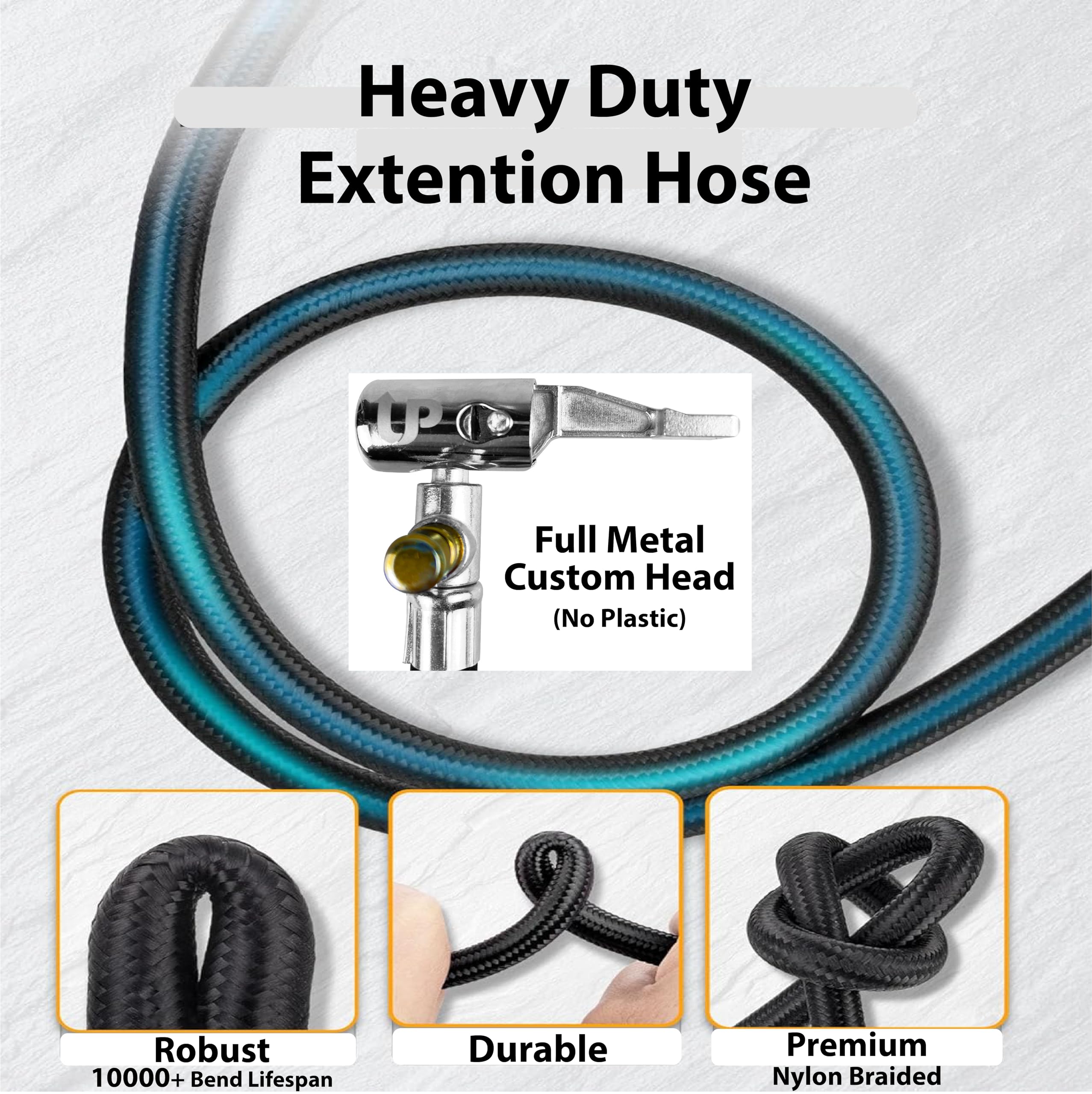 UPBOOST 10'' Replacement Hose for Tire Inflators | Portable Air Compressor Tire Valve Air Chuck | Presta Valve & Ball Needle Included