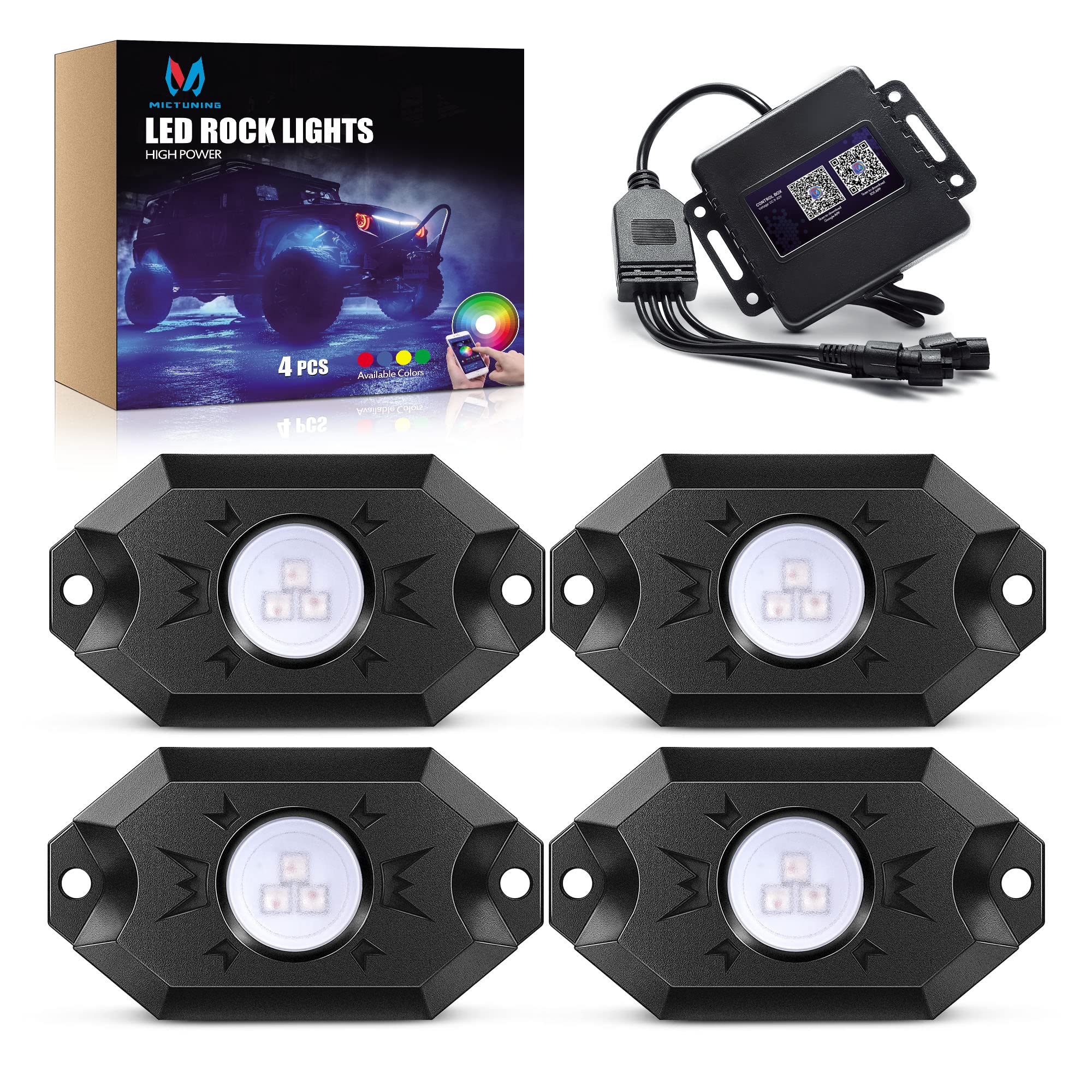 Mictuning Rgb Led Rock Lights With Upgraded App Bluetooth Controller, Timing Function, Music Mode - 4 Pods Multicolor Neon Led L