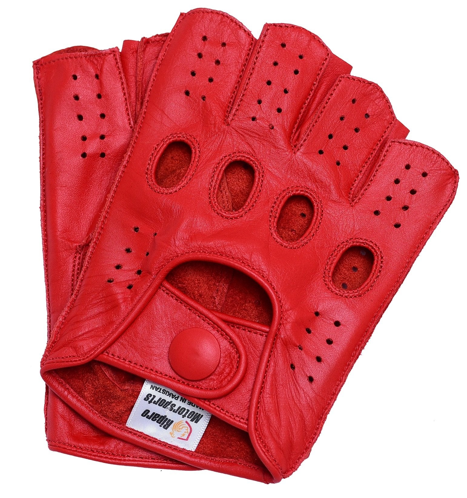 Riparo Men's Leather Fingerless Motorcycle Gloves, Large, Red - Reverse Stitched Driving Gloves