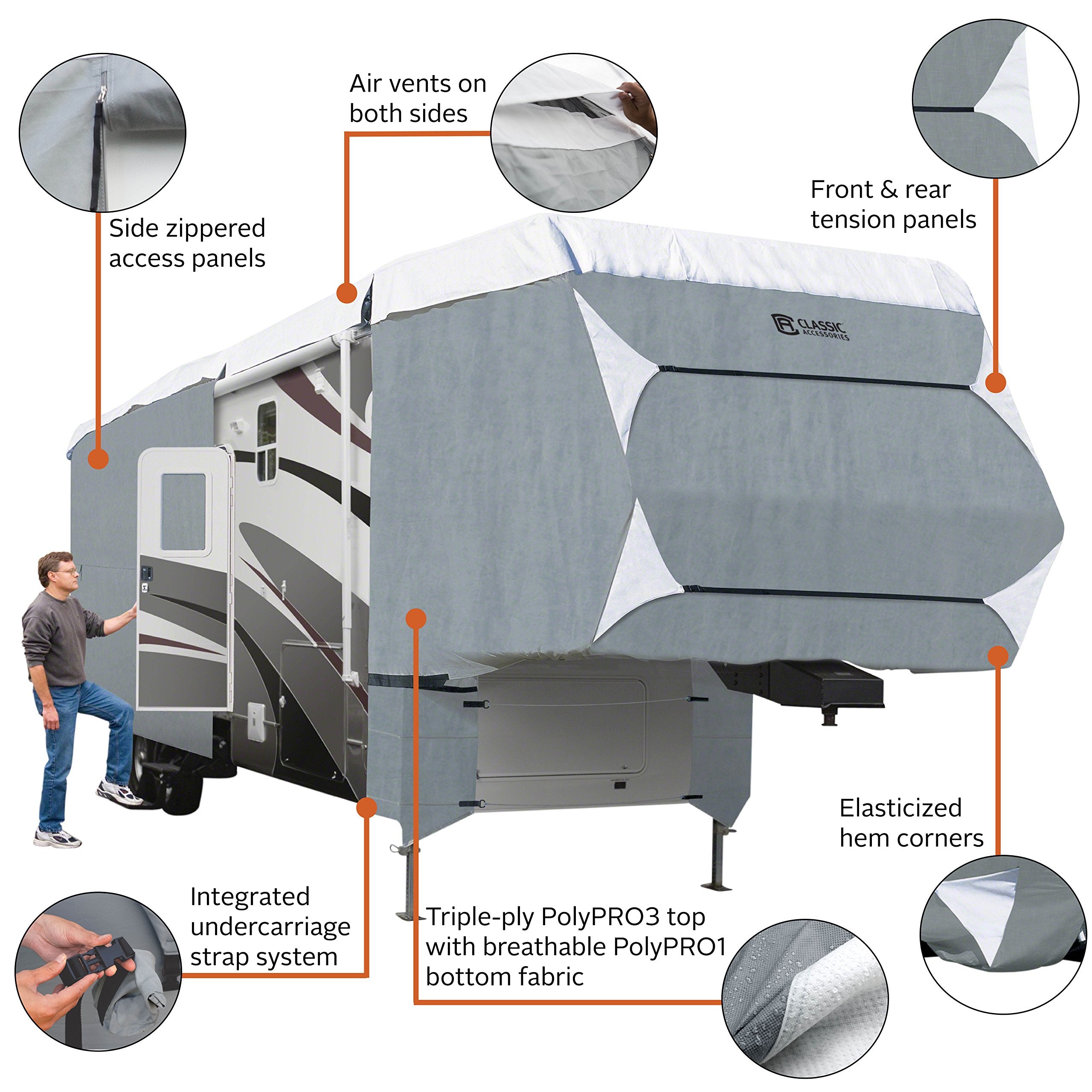Classic Accessories Over Drive Polypro3 Deluxe 5Th Wheel Cover Or Toy Hauler Cover, Fits 29' - 33' Rvs, Universal Camper Cover, Grey/Snow White