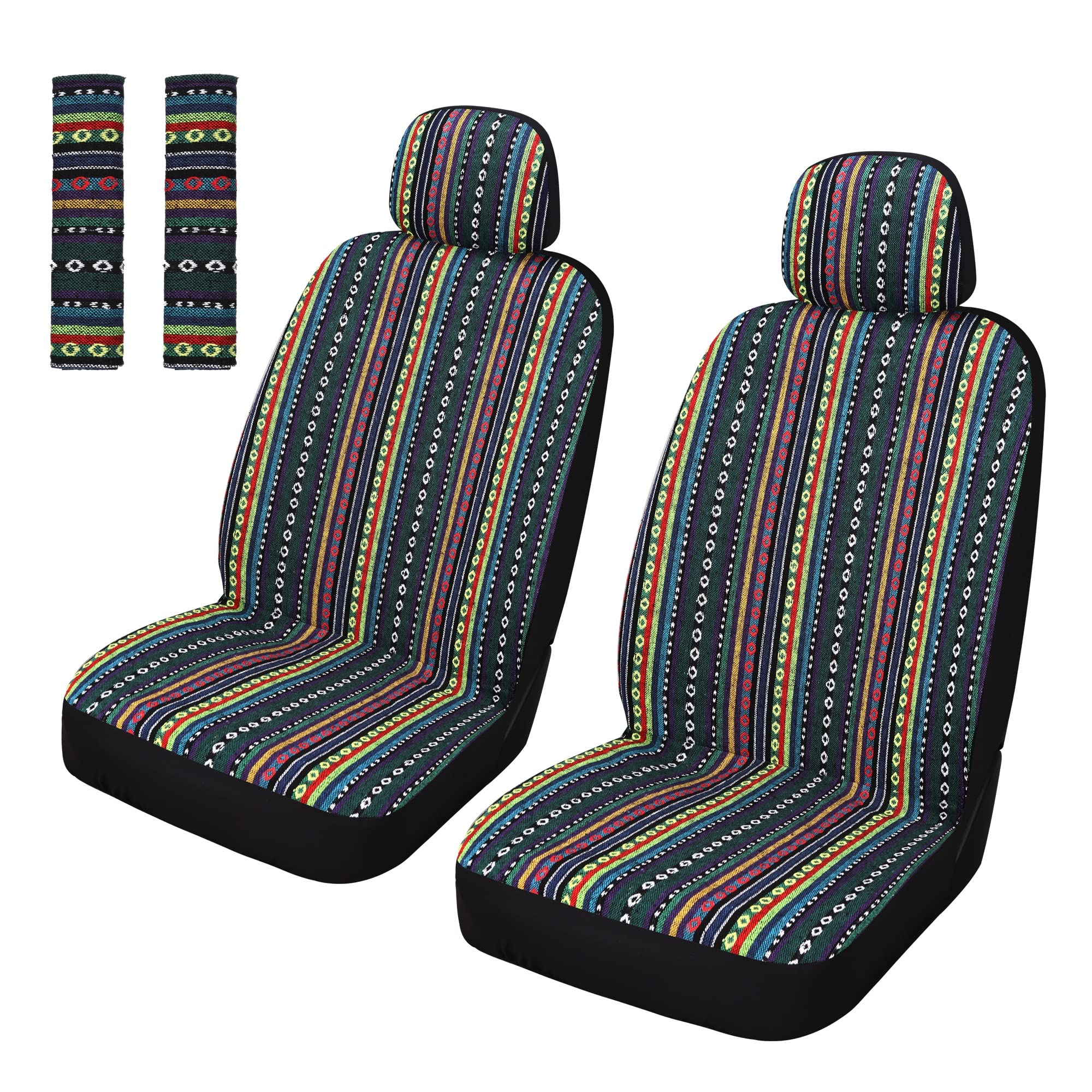 Pariitadin Baja Saddle Blanket Car Seat Covers Full Set With Seat Belt Pads, Washable Breathable Striped Woven Cloth Seat Covers