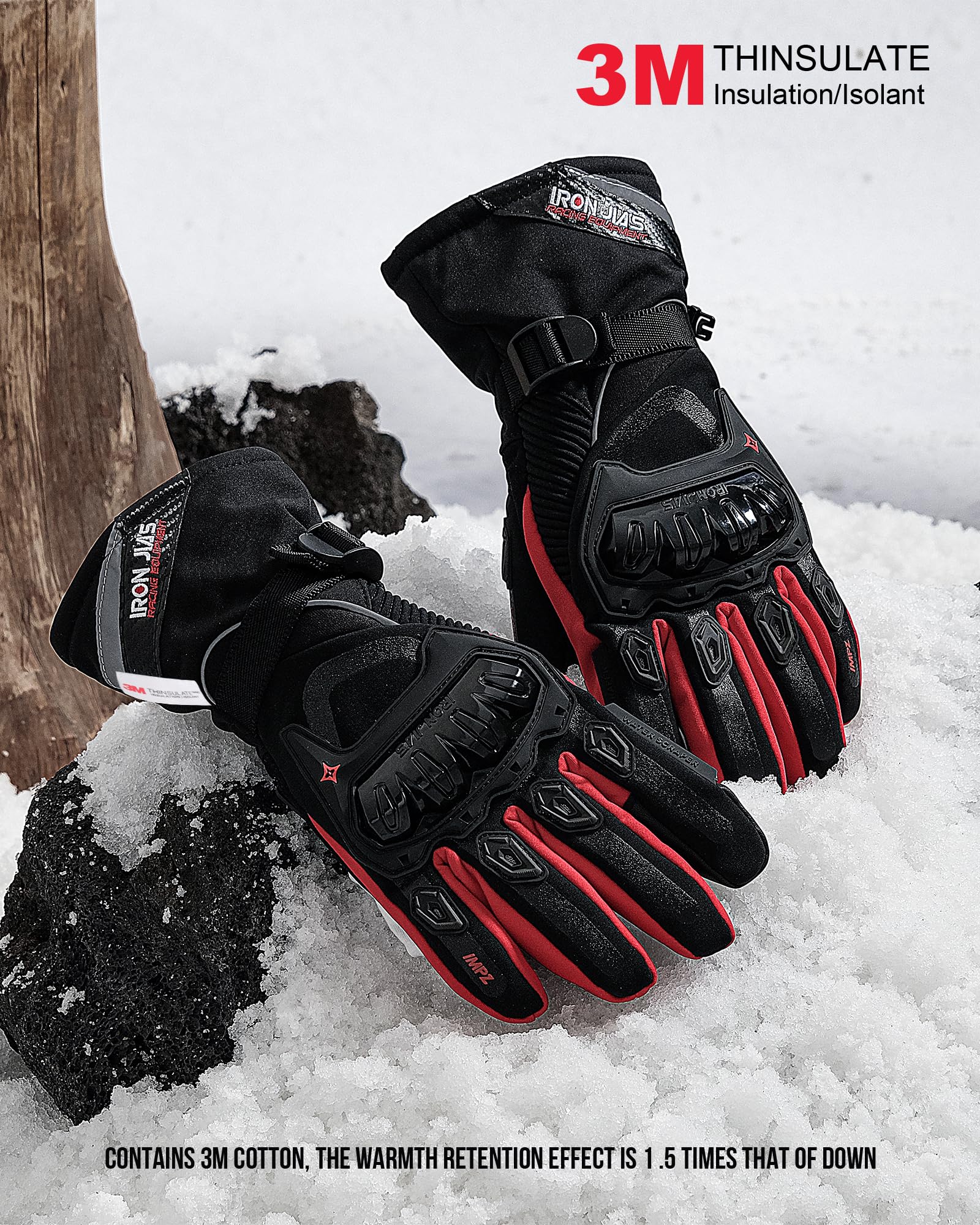 Iron Jia'S Motorcycle Gloves Winter Cold Weather Warm Touchscreen Waterproof Windproof Protective Gear (Red, Xl)