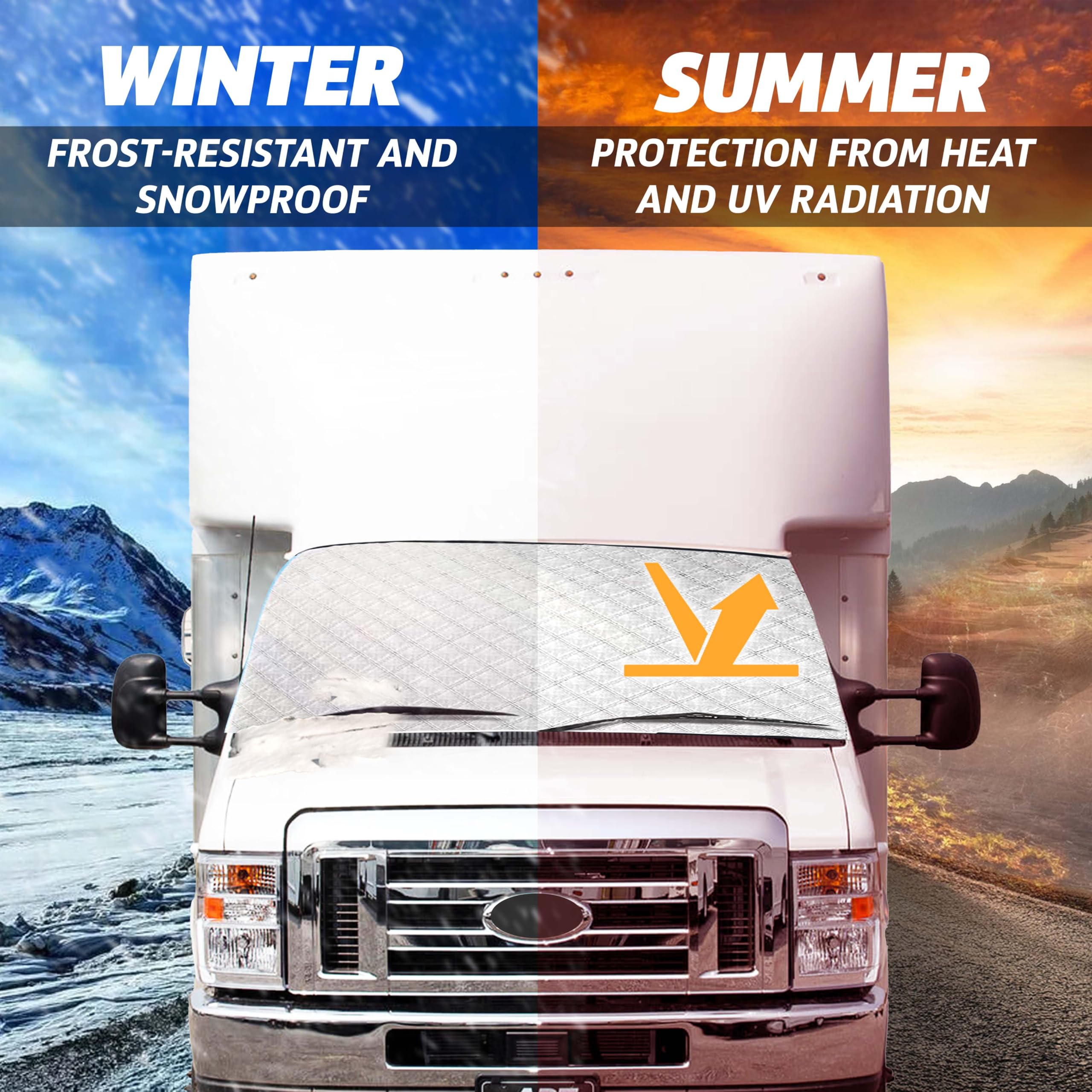 EcoNour RV Windshield Cover - Ice & Snow Protection for Ford E450 Class C RV (1997-2025) - XXX-Large, White, High-Density Material