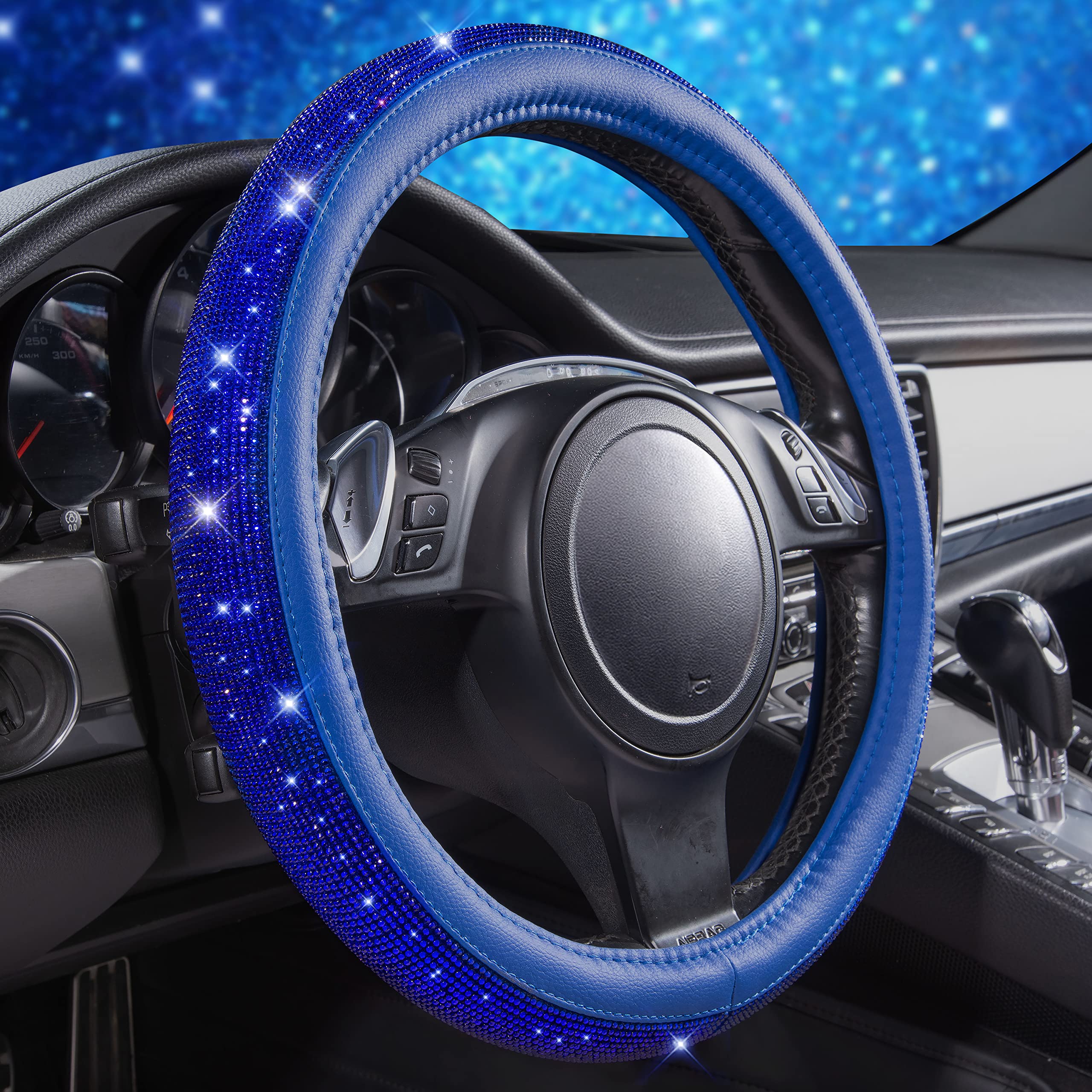 Car Pass Bling Diamond Leather Steering Wheel Cover, With Bling Sparkly Crystal Glitter Rhinestones Universal Fit 14 1/2-15 Car Wheel Protect For Women Girl Fit Suvs,Vans,Sedans,Cars,Trucks, Blue
