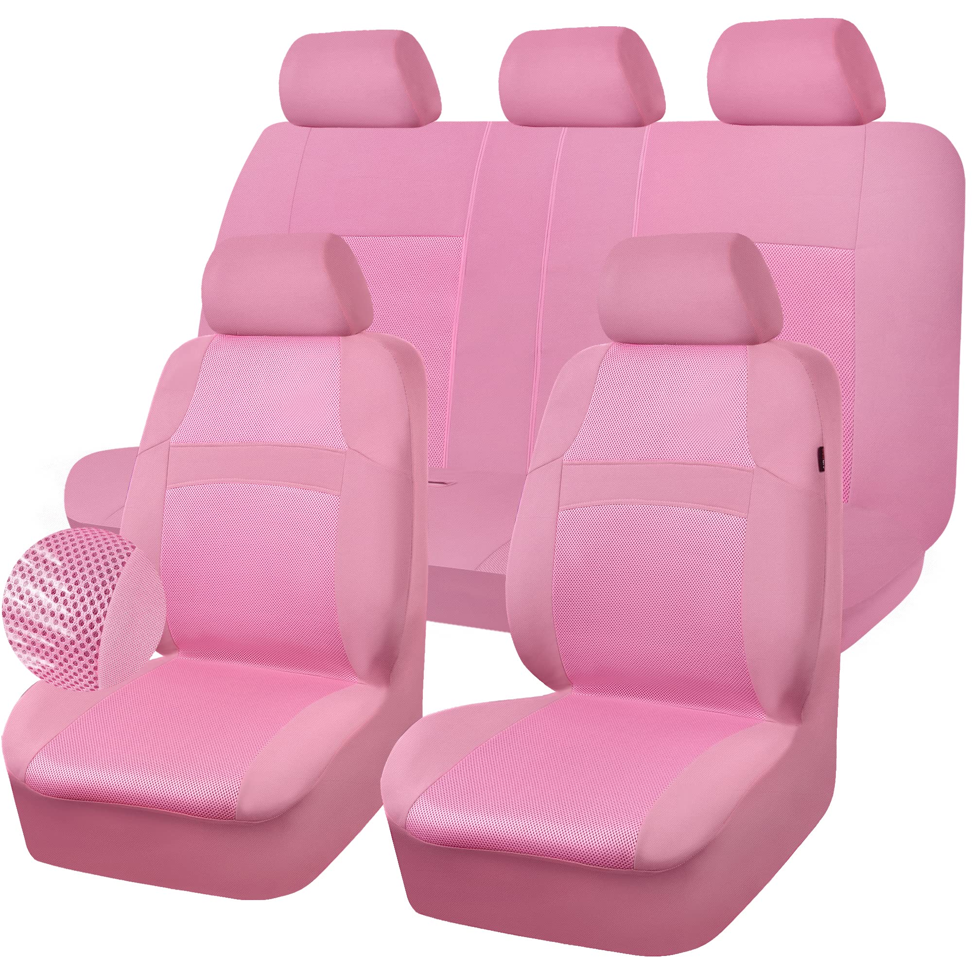 Car Pass Pink Car Seat Cover Full Sets, Air Breath In Summer Mesh Seat Cover 5Mm Sponge Airbag Composite, Cute For Women Girly, Universal Fit Suv, Vans, Sedans,Trucks, Automotive Interior All Pink
