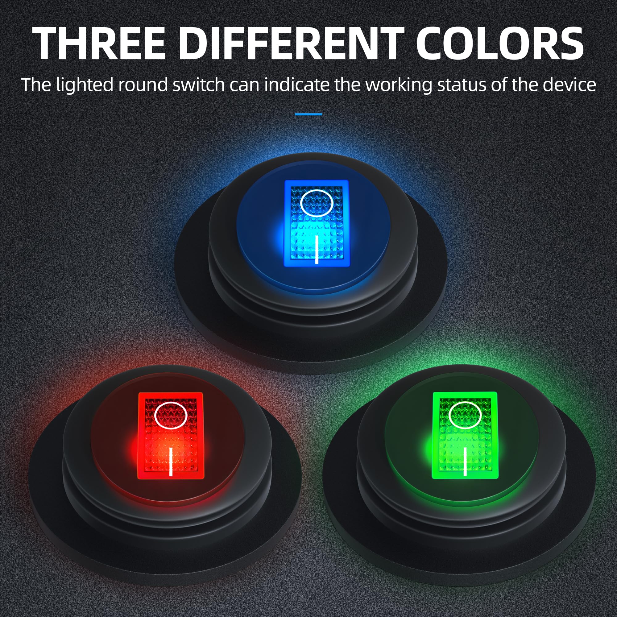 DaierTek Round Rocker Switch 12V 20A UL Listed Waterproof Marine Round Toggle Switch LED Lighted ON Off Switch Heavy Duty 3 Colo