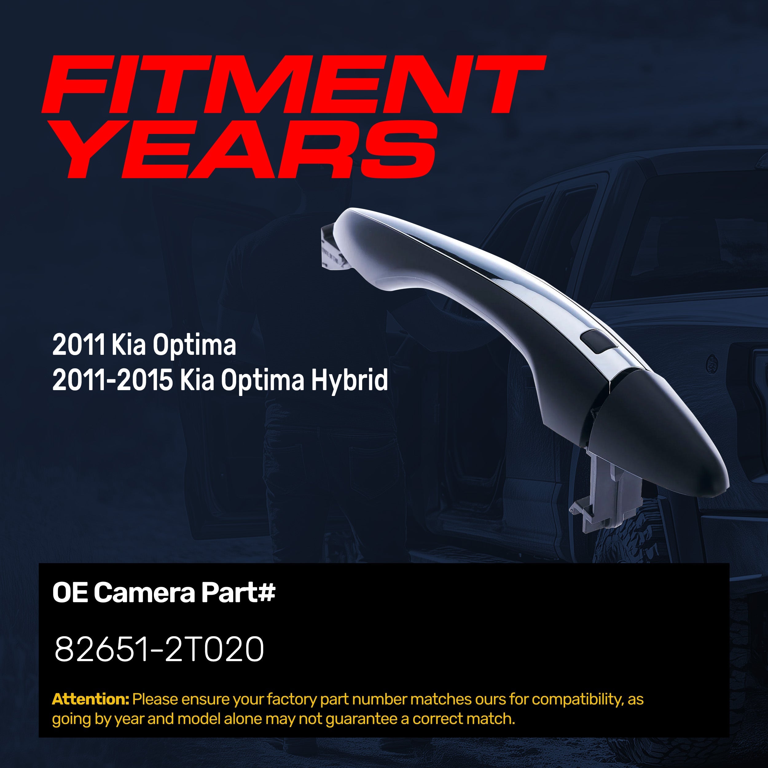 Exterior Door Handle Black/Chrome Replacement for Kia Optima (2011), Optima Hybrid (2011-2015) OE Part # 82651-2T020 | Front Right Passenger Side