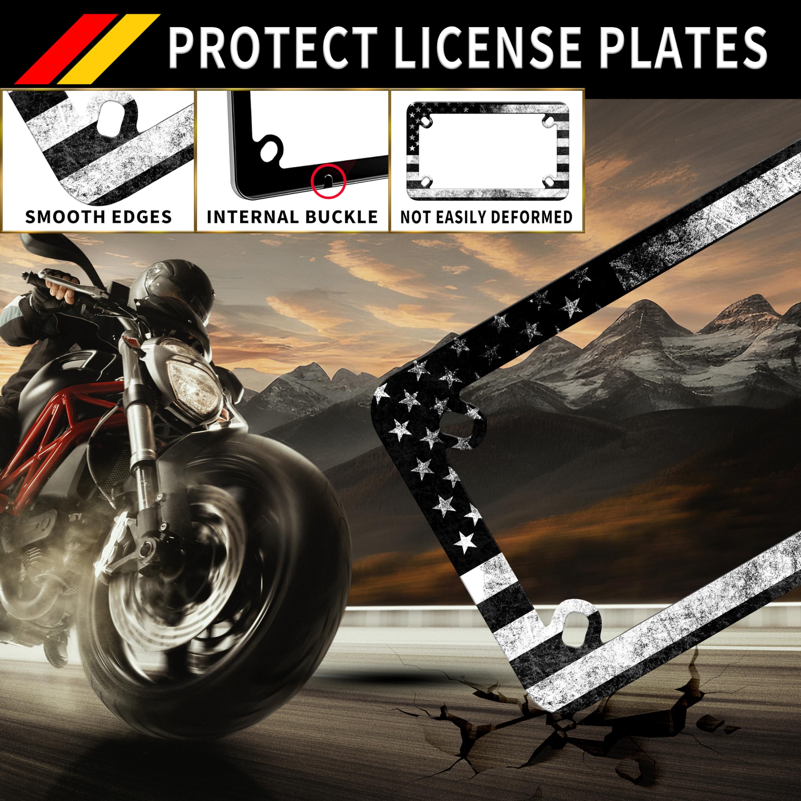 Motorcycle Retro American Flag Black White License Plate Frame Stainless Steel Material Funny Motorbike License Plate Holder Mot