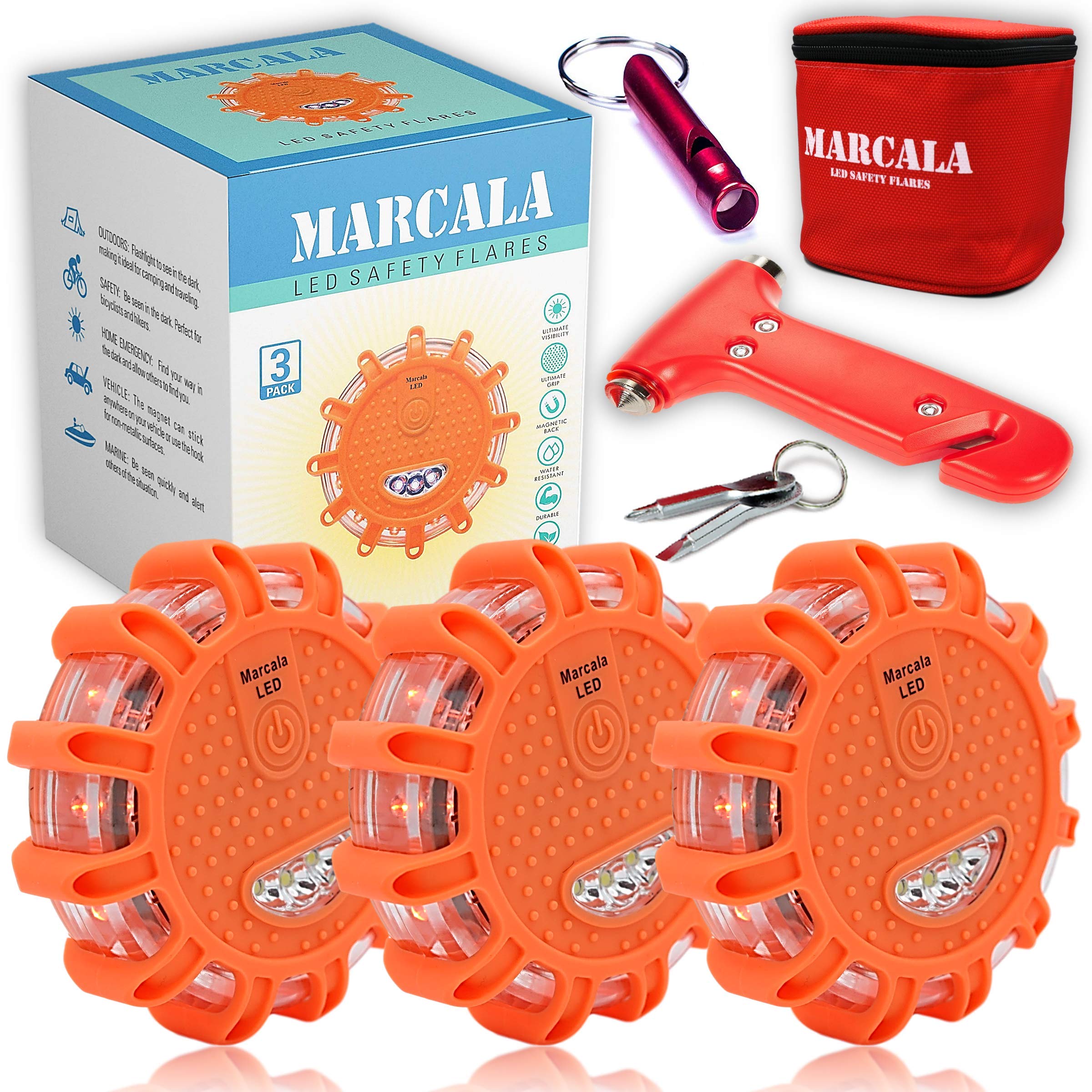 Marcala Led Road Flares Emergency Lights | 3-Pack Roadside Safety Disc Kit W/Whistle | Dot Compliant Emergency Flares For Car W/