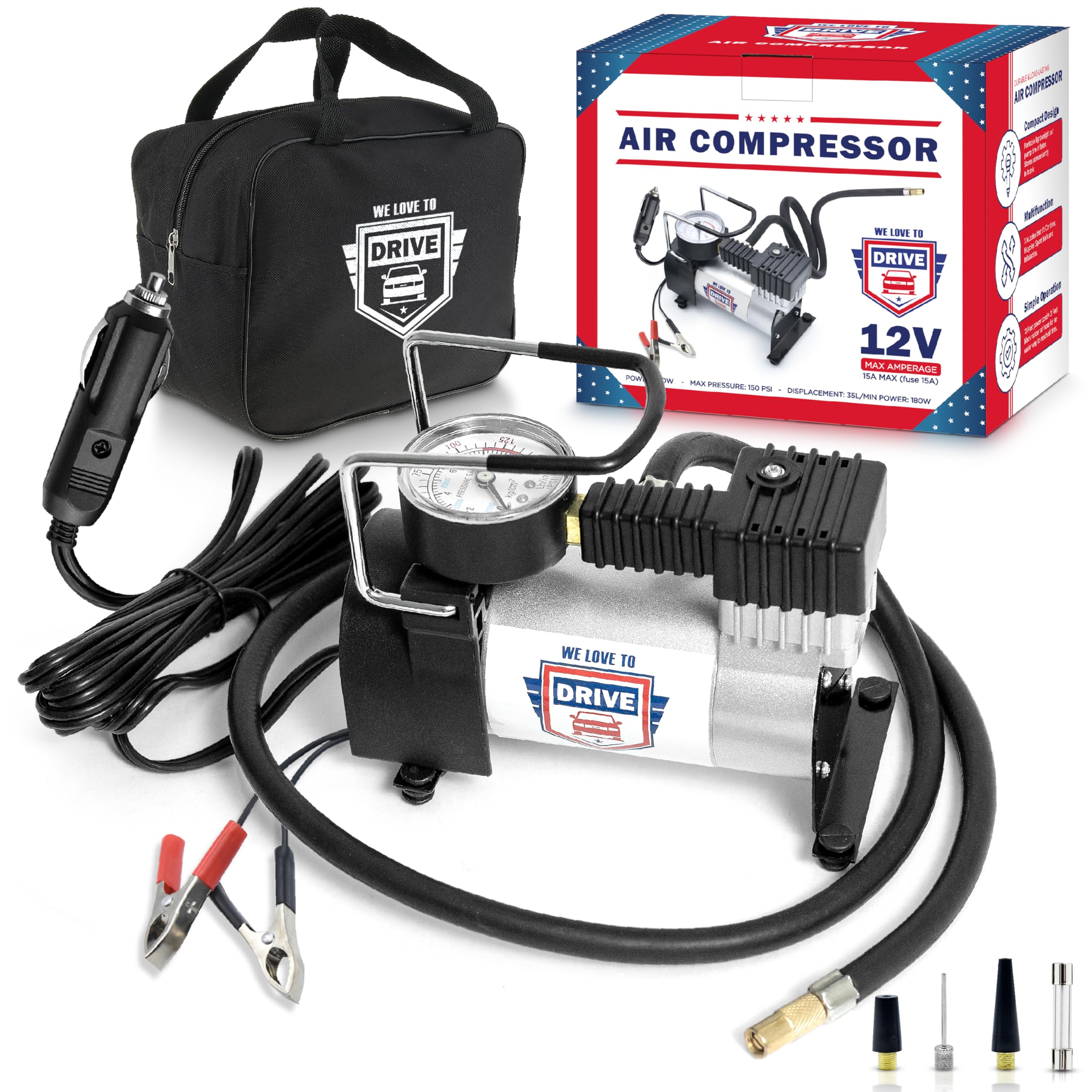Tire Inflator Portable Air Compressor For Car Tires & Inflatables, 12V Dc One Cylinder Air Pump For Emergency Kit With 150 Psi P