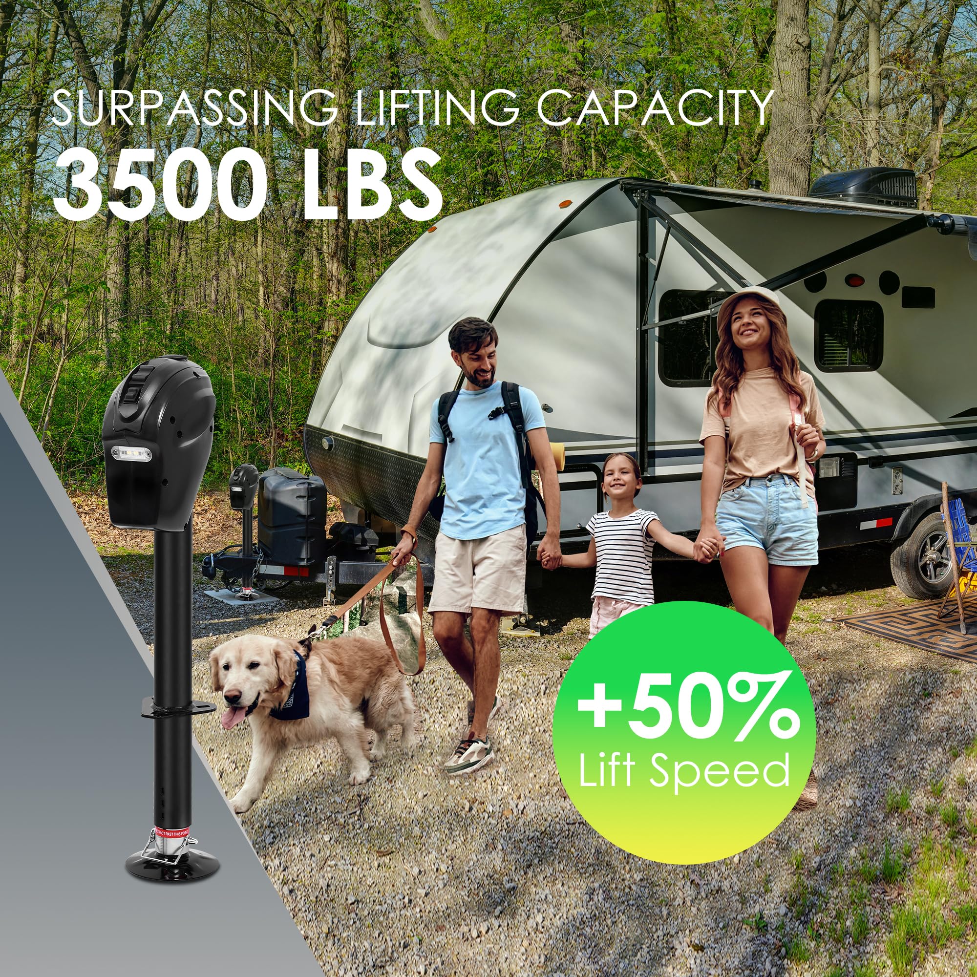 POLESTAR Electric Trailer Jack 3500 lbs, Waterproof Cover & LED Light, 12V DC, A-Frame, Black, Model 10201089