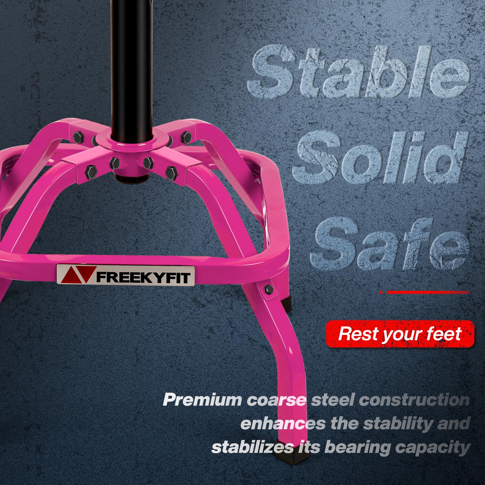 FreekyFit Adjustable Height Swivel Garage Stool, Heavy Duty Pink Shop Chair, 360° Rotation, Model D03-P, 300 LBS Capacity