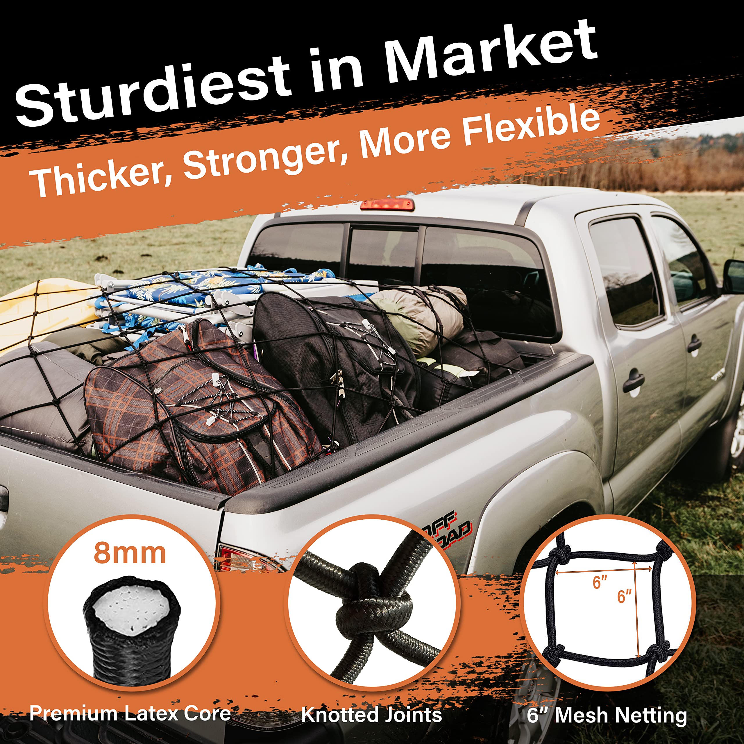 TacoNets Toyota Tacoma Long Bed Cargo Net - Heavy Duty 8mm Bungee, 3'x5', Black Hooks, Model TN-3660-B, Fits 2005-2023
