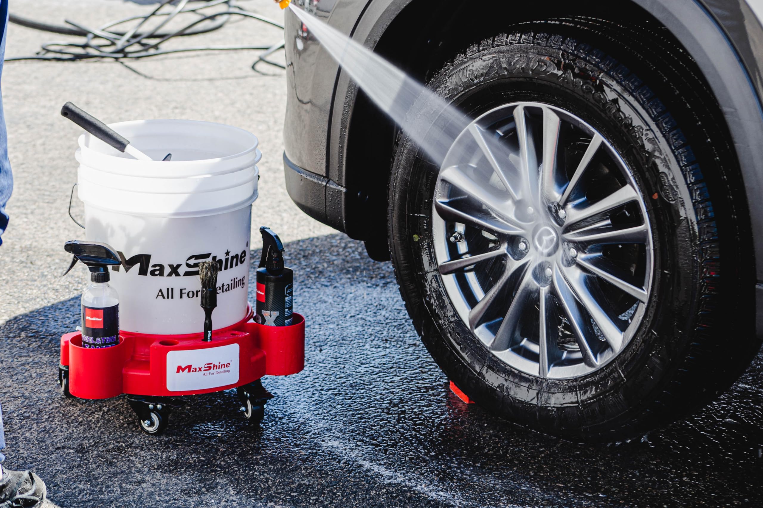 Maxshine Universal 5 Gallon Red Rolling Bucket Dolly with White Decal - Heavy-Duty with 5 Wheels & 2 Locking Casters - Organizer