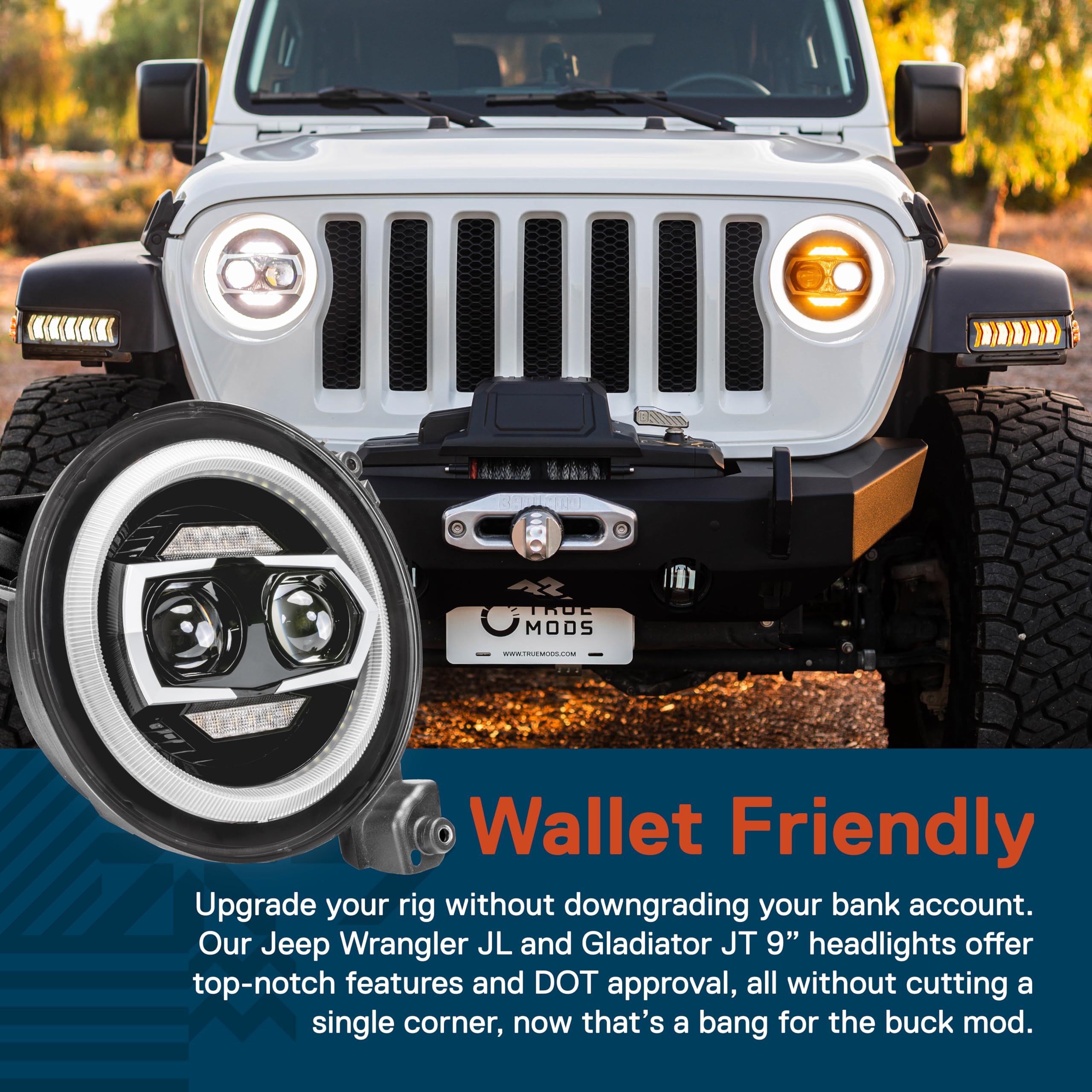 ONLINE LED STORE TRUE MODS 9" Round LED Headlights for 2018-2025 Jeep Wrangler JL/JLU/JT, Black, Aluminum, DOT Approved, Dual Halo DRL