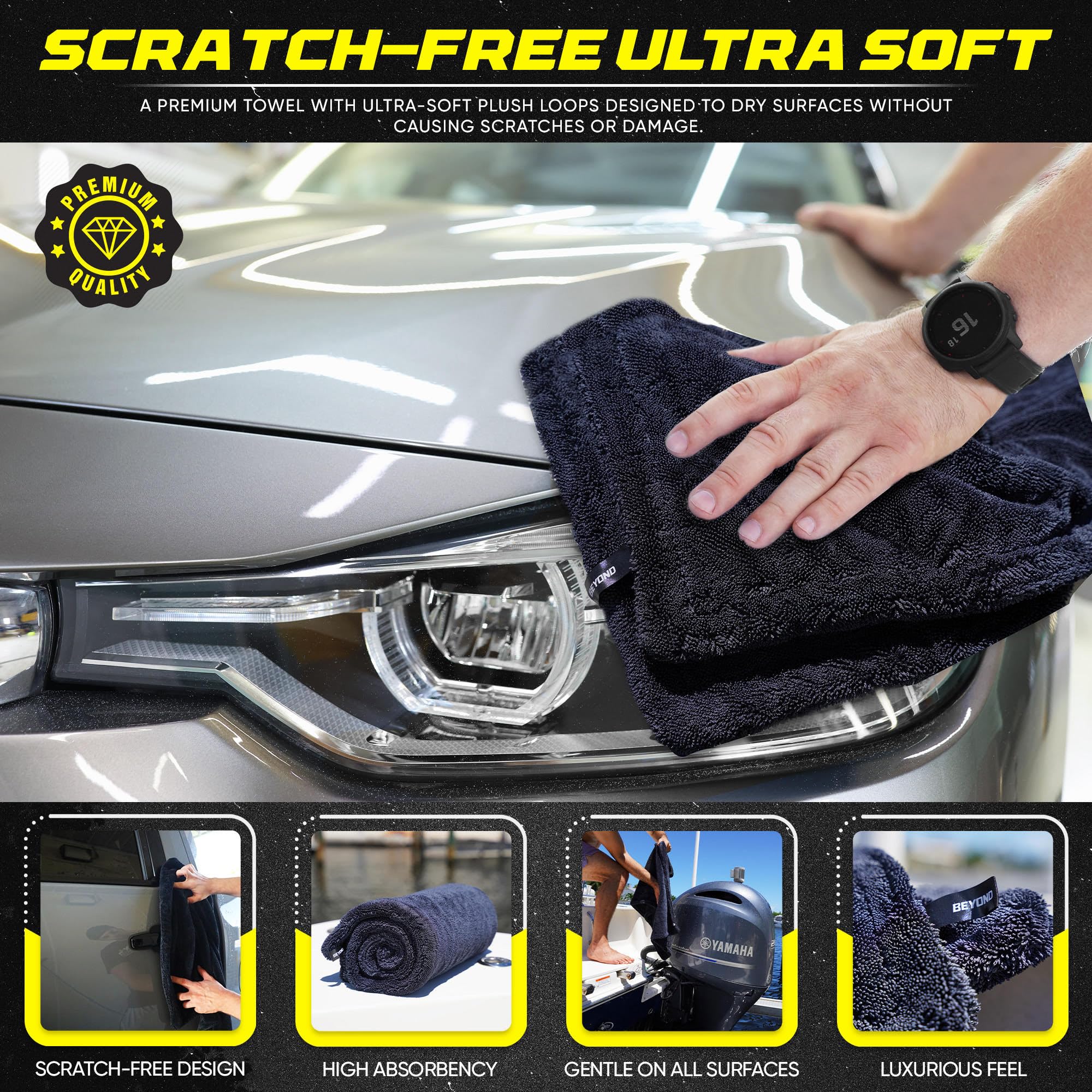 Beyond Braid Microfiber Towel - Super Absorbent 24"x36" Black Detailing Towel - Scratch & Streak Free, Twisted Loop Technology