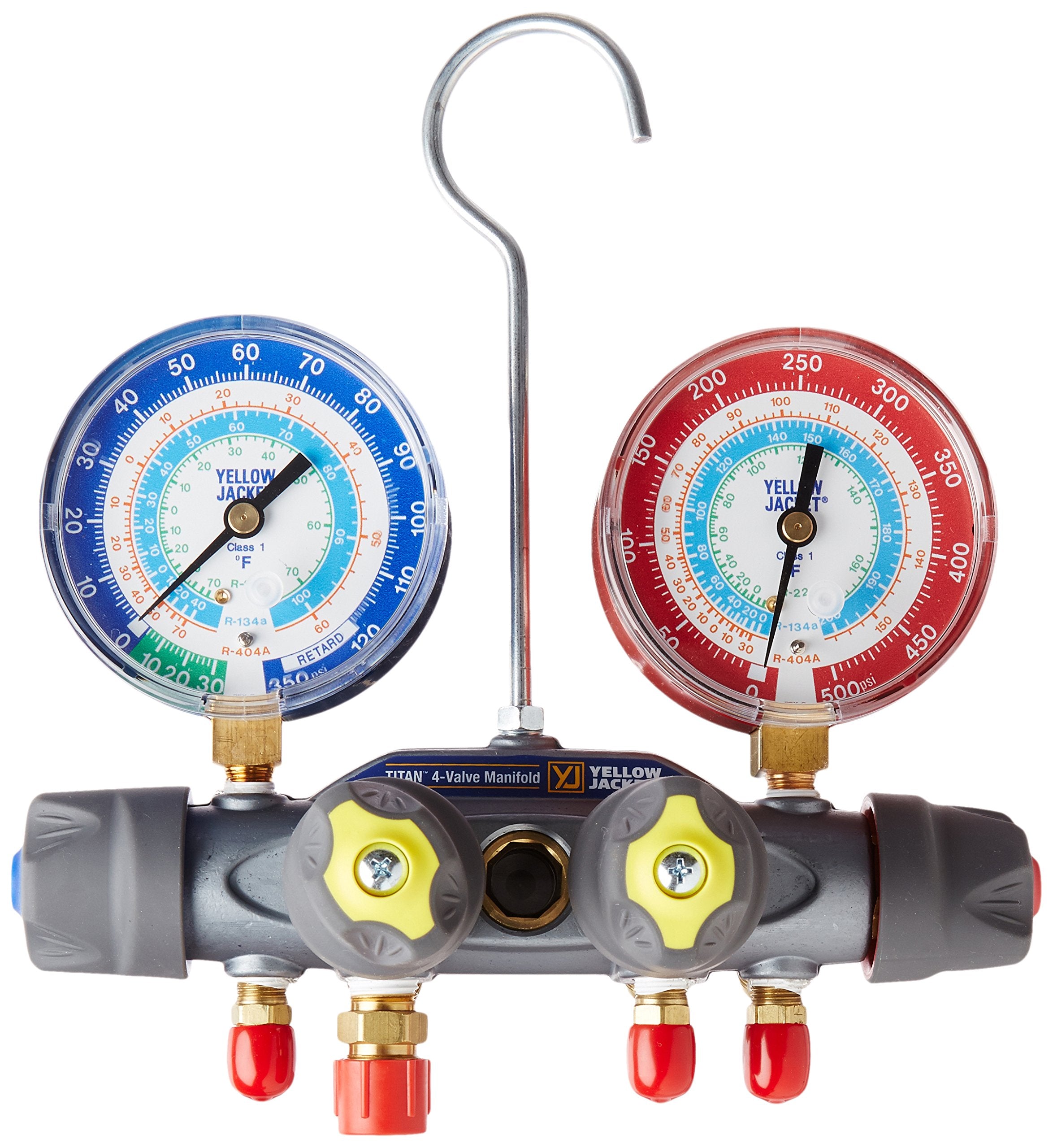 Yellow Jacket 49983 Manifold Only Degrees F, psi Scale, R22/134A/404A Refrigerant, Red/Blue Gauges