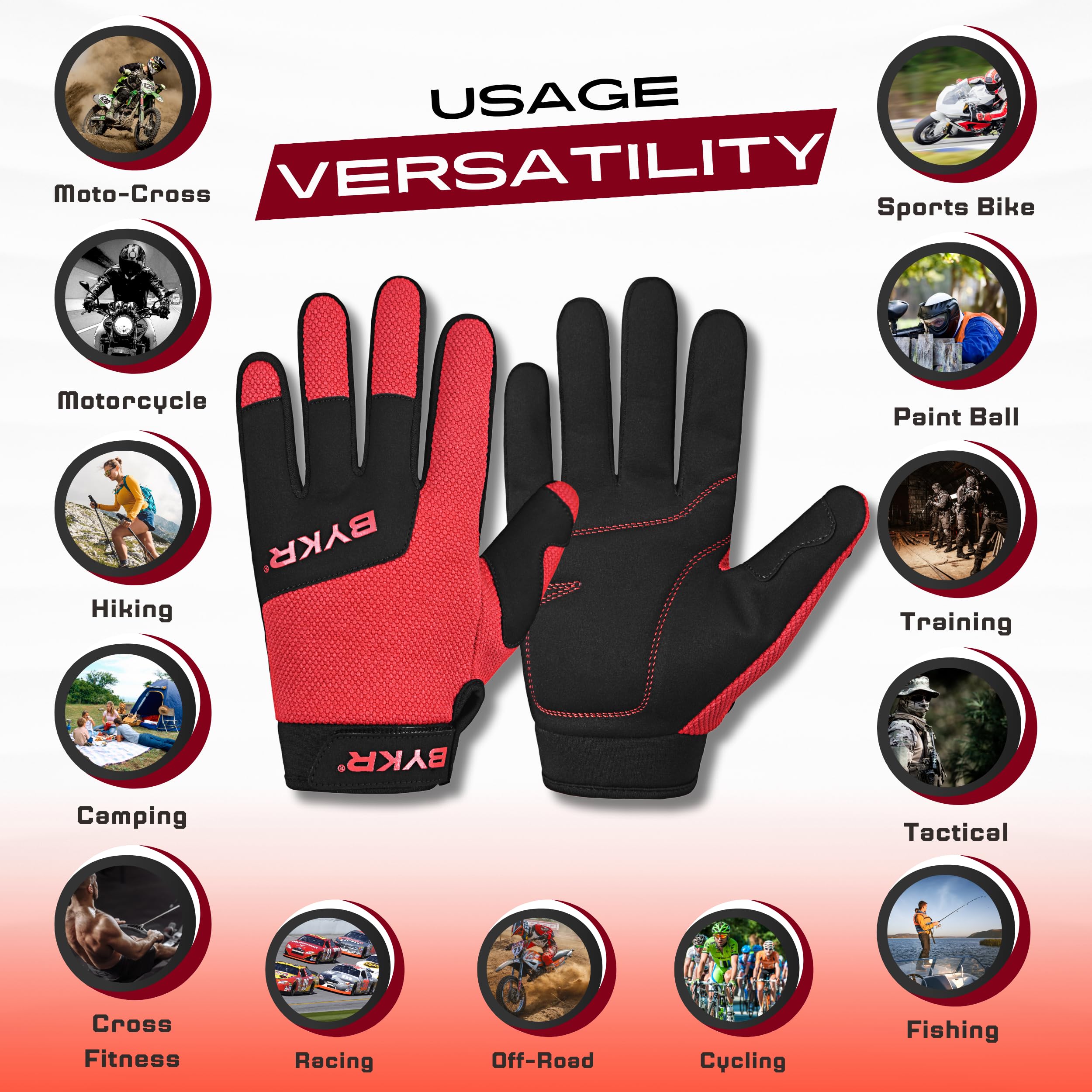 Bykr All-Weather Motorcycle Gloves For Men & Women - Protection For Dirt Bike, Bmx, Mx, And Atv Riding - Red Xl