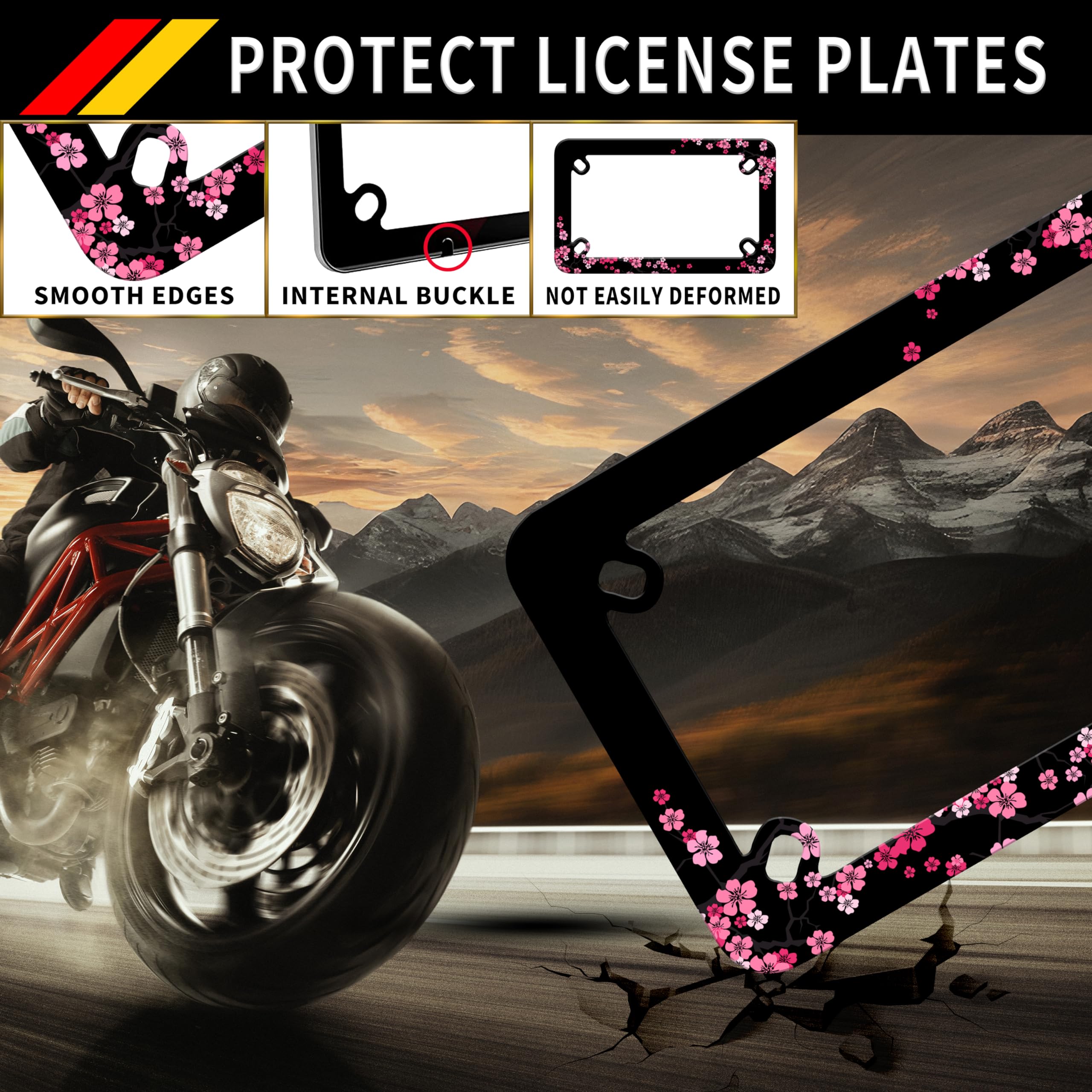 Motorcycle Pink Cherry Blossoms License Plate Frame Flowers Stainless Steel Material Funny Motorbike License Plate Holder Motorc