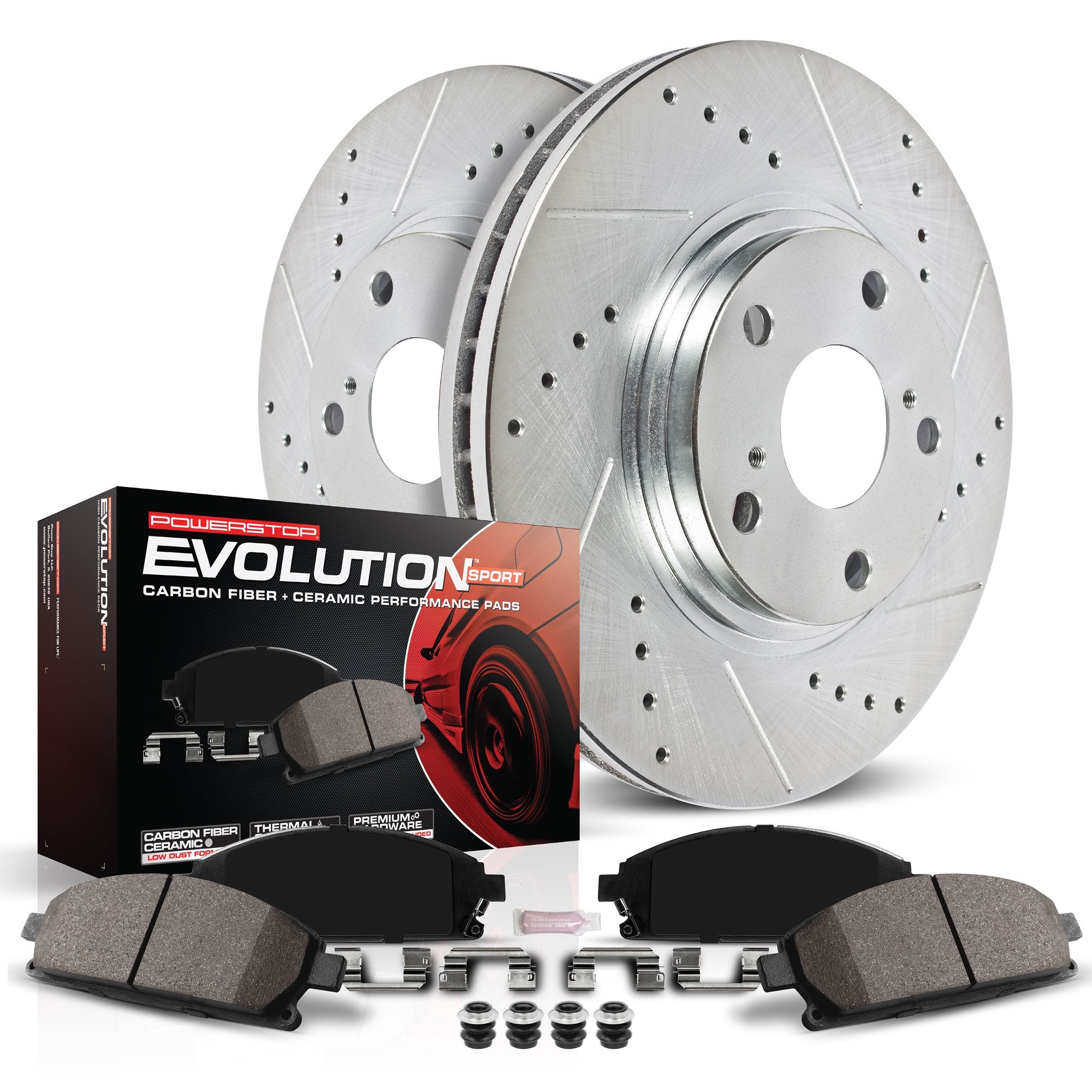 Power Stop K1714 Front Z23 Carbon Fiber Brake Pads With Drilled And Slotted Brake Rotors Kit For Chrysler 300 | Dodge Challenger