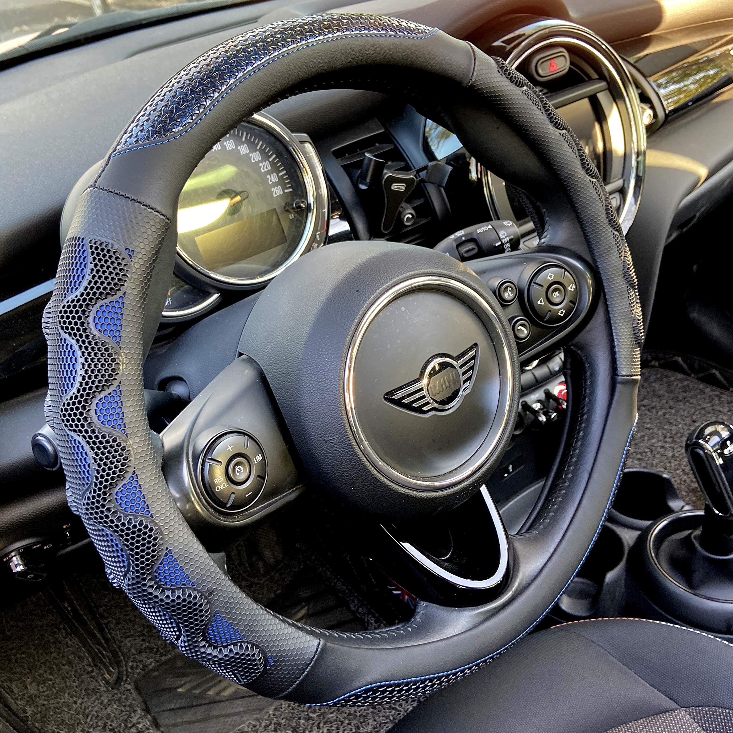 Pinctrot Large Size Steering Wheel Cover Great Grip With 3D Honeycomb Anti-Slip Design, 15.5-15.75 Inch (Blue)