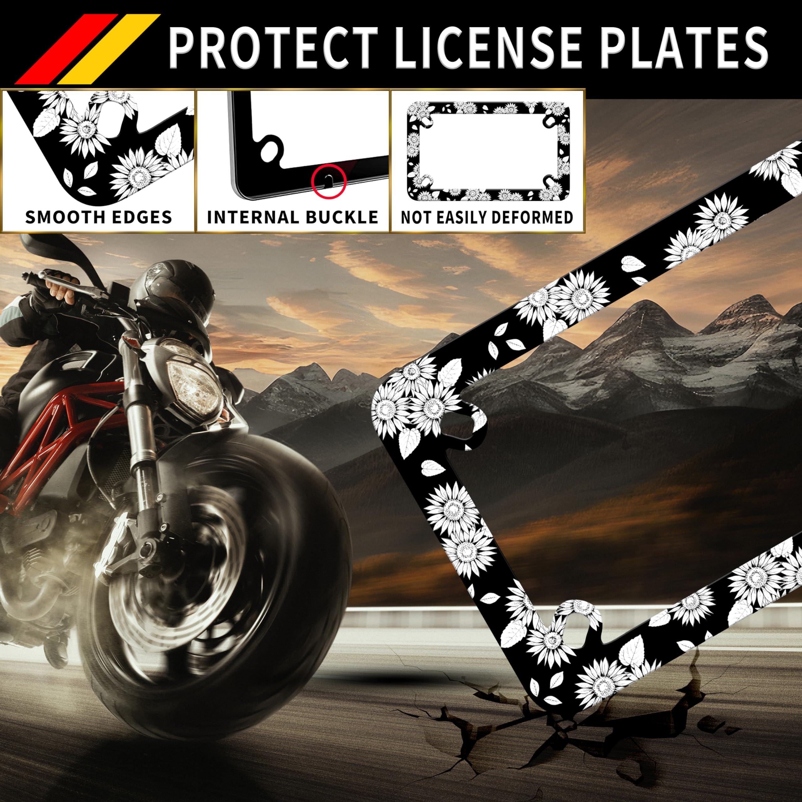 Motorcycle Black White Sunflower License Plate Frame Beautiful Flowers Stainless Steel Material Funny Motorbike License Plate Ho