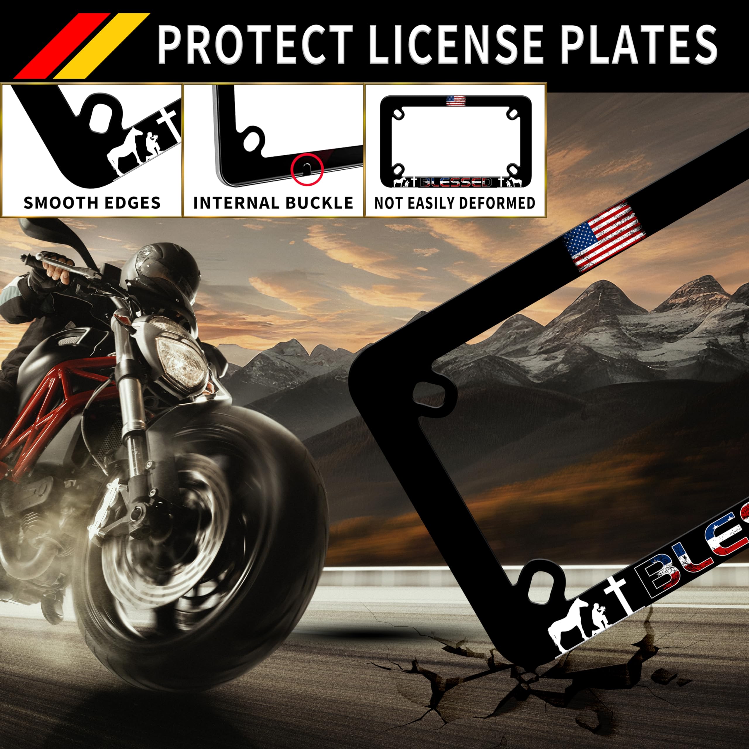 Motorcycle American Flag Blessed License Plate Frame Cross Pray Stainless Steel Material Funny Motorbike License Plate Holder Mo