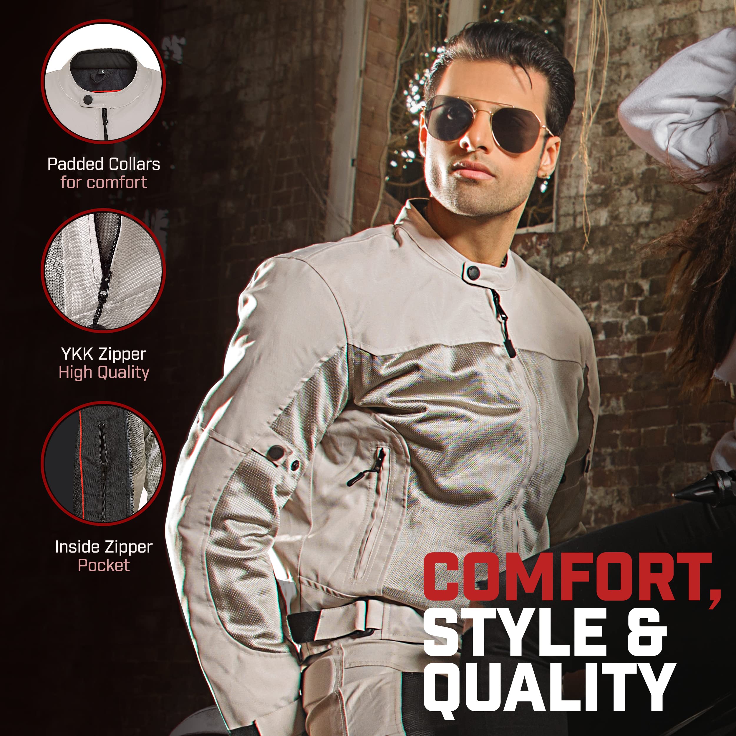 WICKED STOCK Mesh Motorcycle Jacket - Lightweight Summer Biker Jacket with Armor, Small, Silver/Gray
