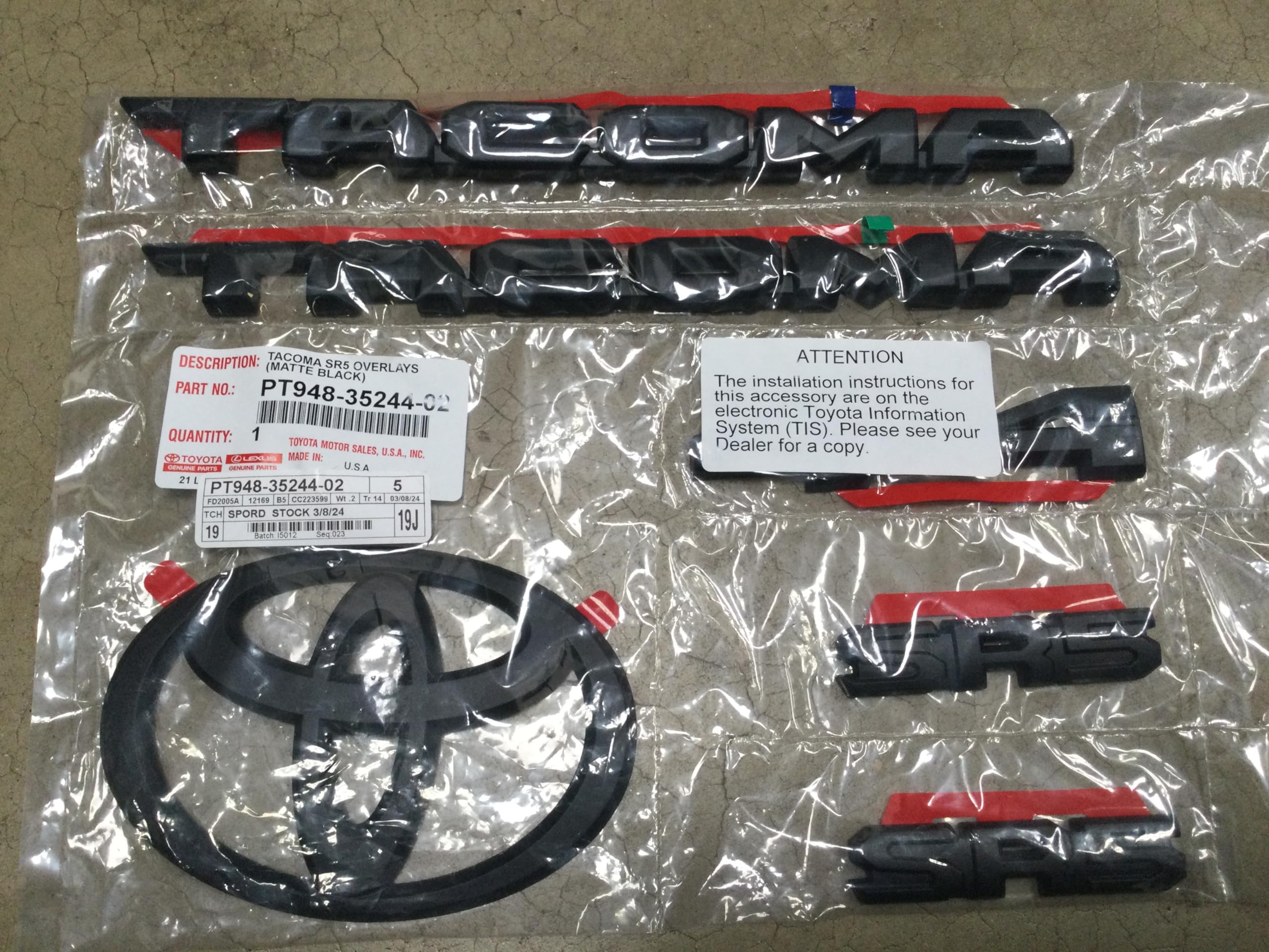 Genuine Toyota 2024 + Tacoma SR5 Matte Black Emblem Overlay Set PT948-35244-02