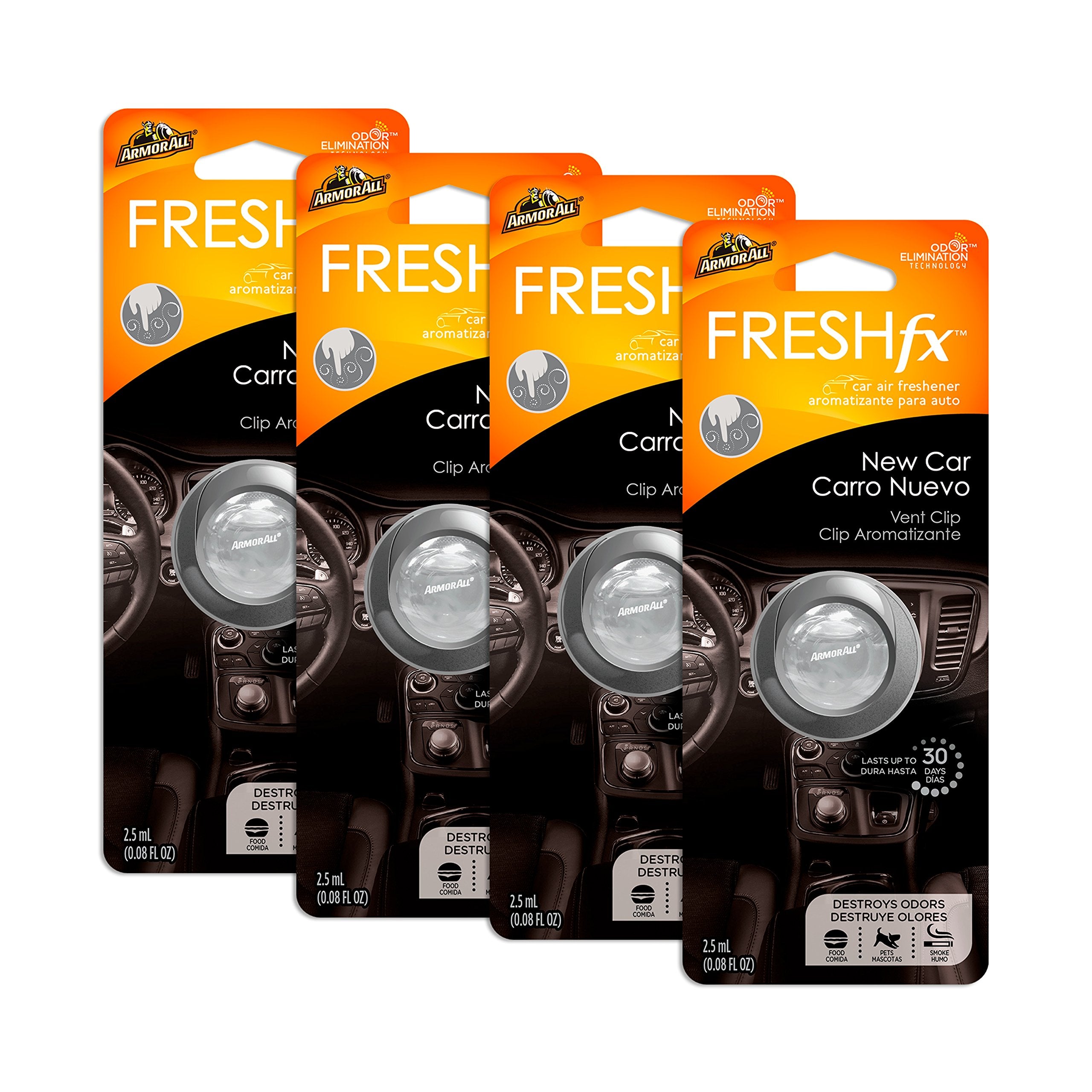 Armor All Car Air Freshener and Purifier - Odor Eliminator for Cars & Truck, Freshfx New Car, 0.08 Fl Oz Vent Clip, Pack of 4, 1